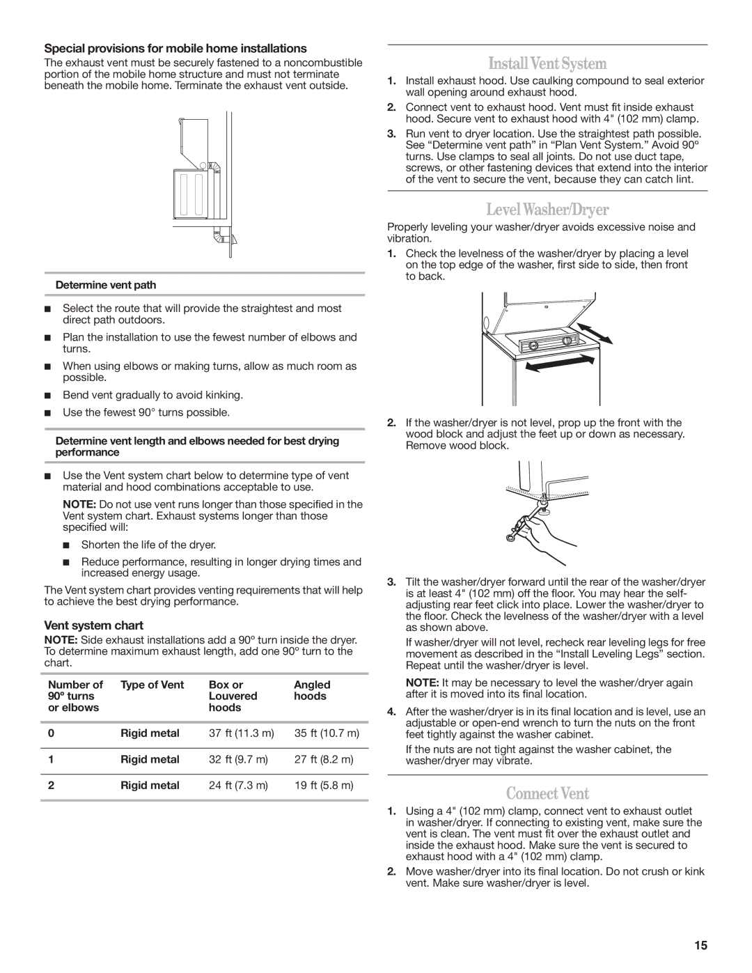 Maytag W10222378A InstallVentSystem, Level Washer/Dryer, ConnectVent, Special provisions for mobile home installations 