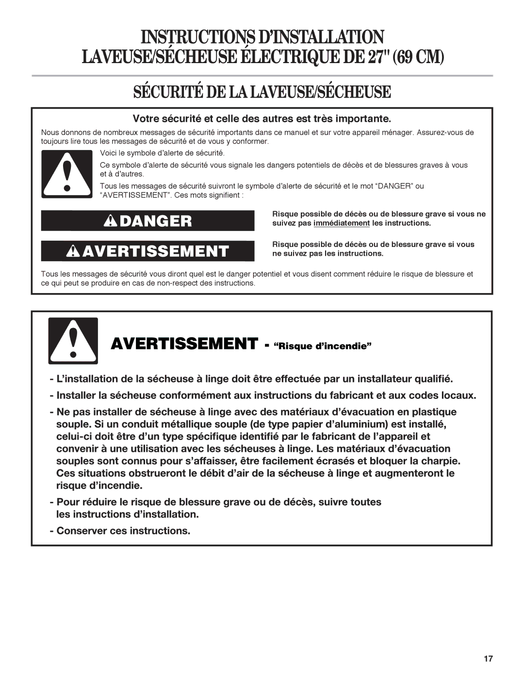 Maytag W10222378A installation instructions Sécurité DE LA LAVEUSE/SÉCHEUSE 