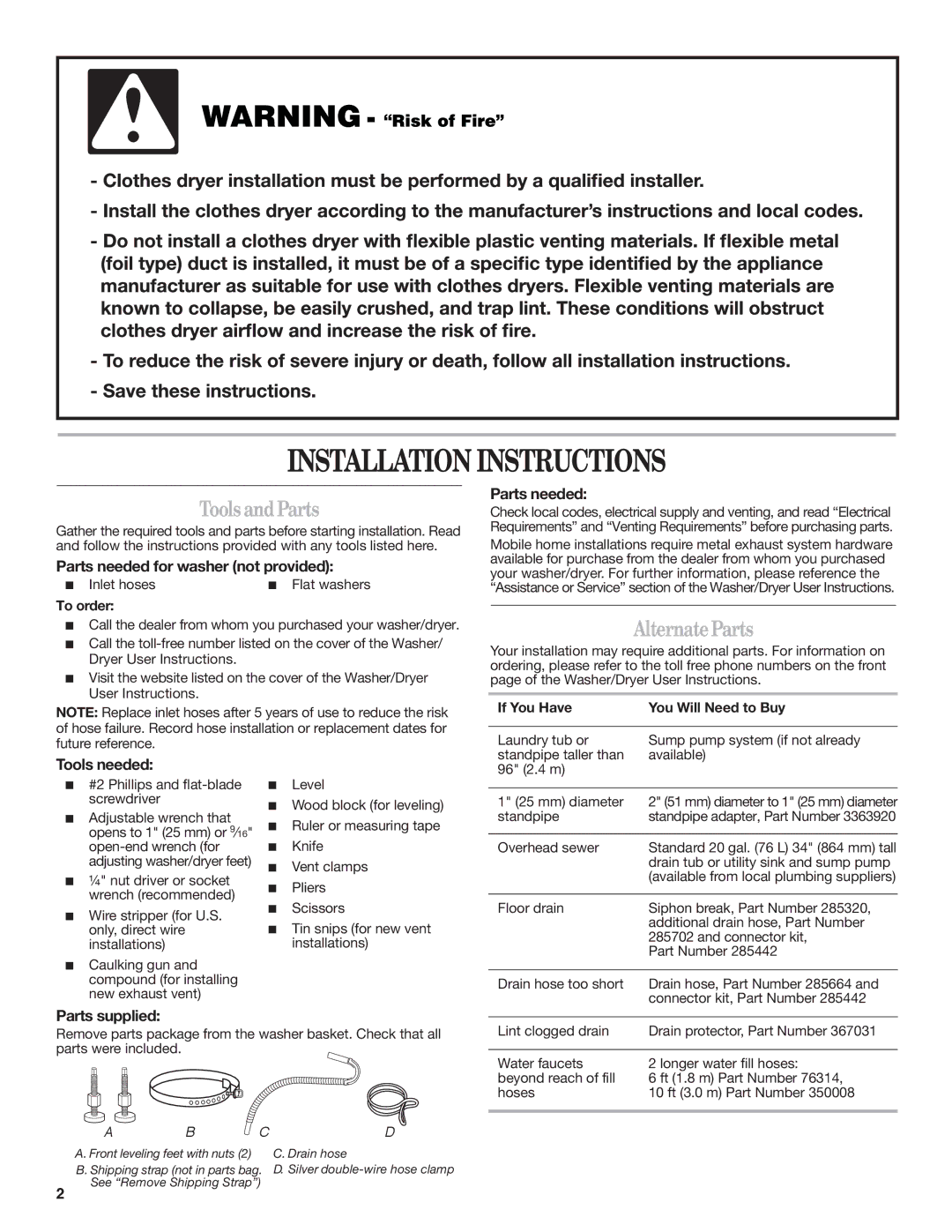 Maytag W10222378A installation instructions ToolsandParts, AlternateParts 