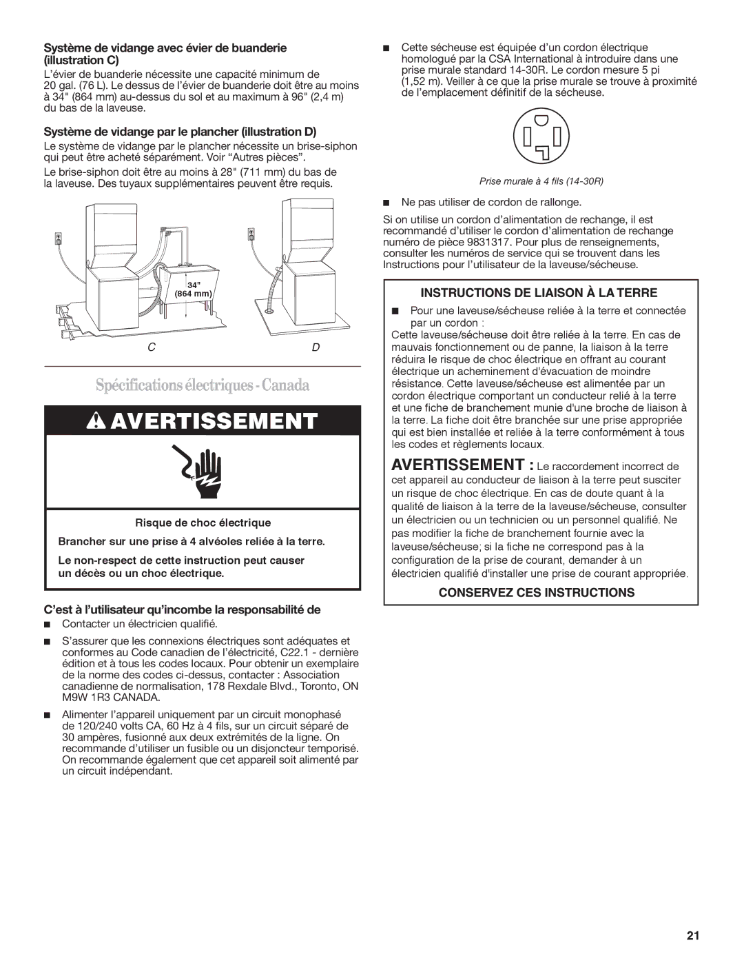 Maytag W10222378A Spécifications électriques Canada, Système de vidange avec évier de buanderie illustration C 