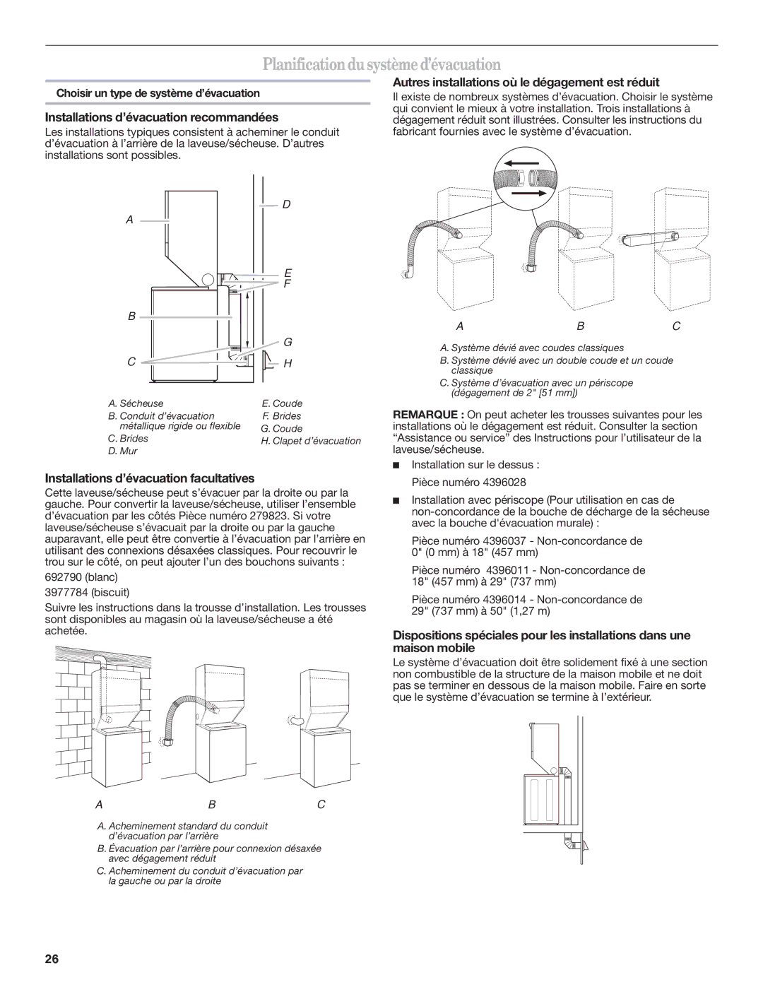 Maytag W10222378A installation instructions Planification du système d’évacuation, Installations d’évacuation recommandées 