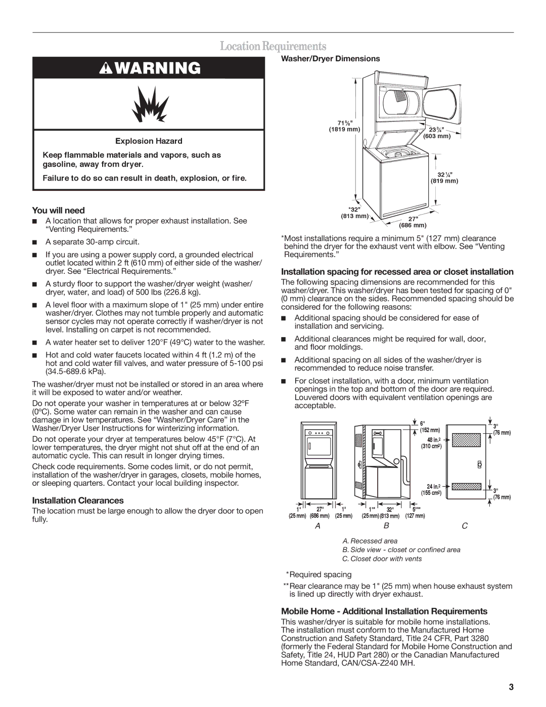 Maytag W10222378A Location Requirements, You will need, Installation Clearances, Washer/Dryer Dimensions 