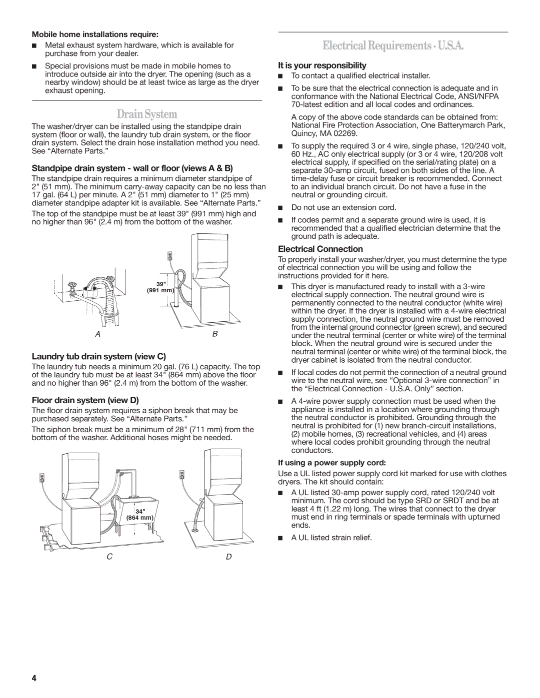 Maytag W10222378A installation instructions DrainSystem, ElectricalRequirements- U.S.A 