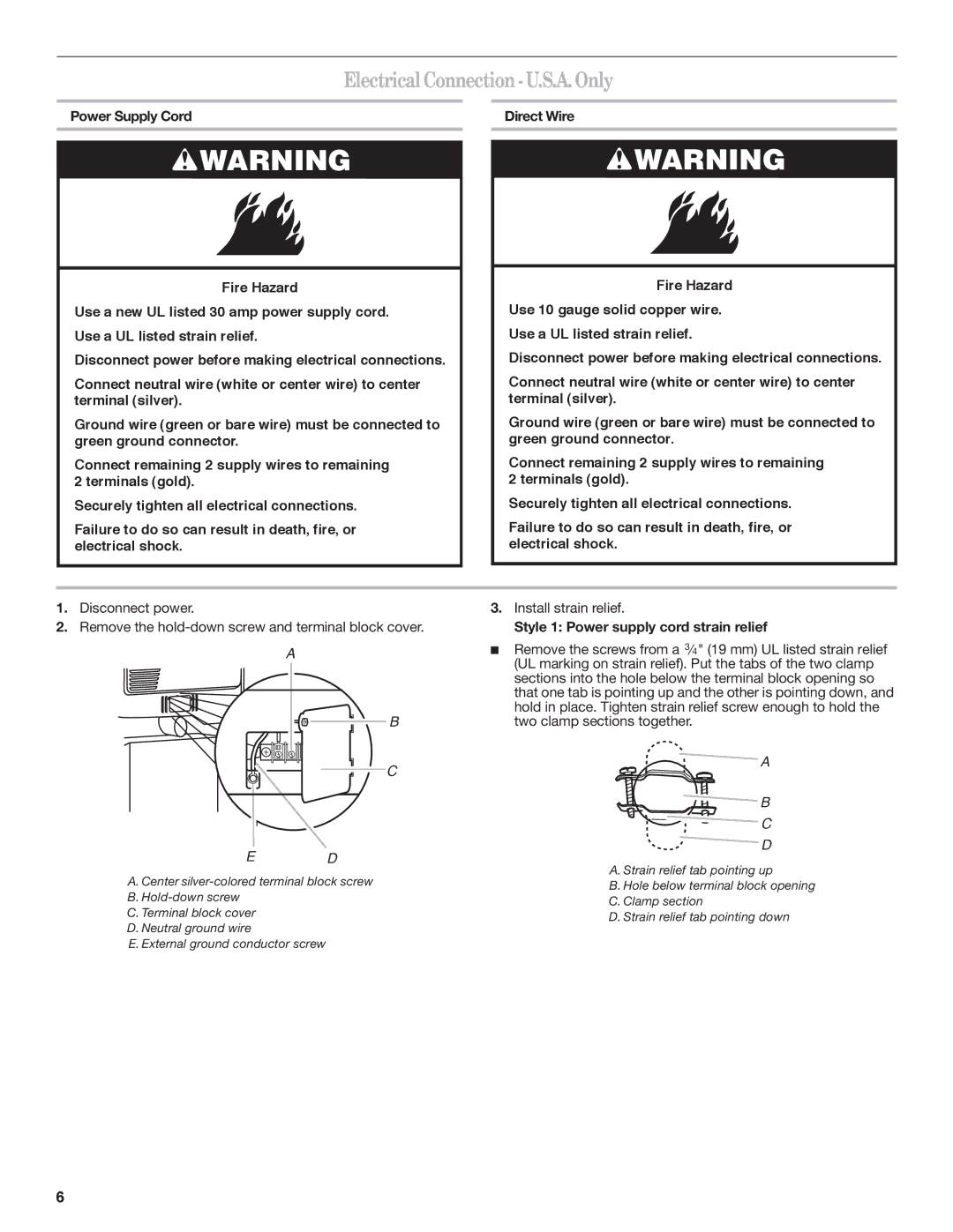 Maytag W10222378A Electrical Connection -U.S.A. Only, UL marking on strain relief. Put the tabs of the two clamp 