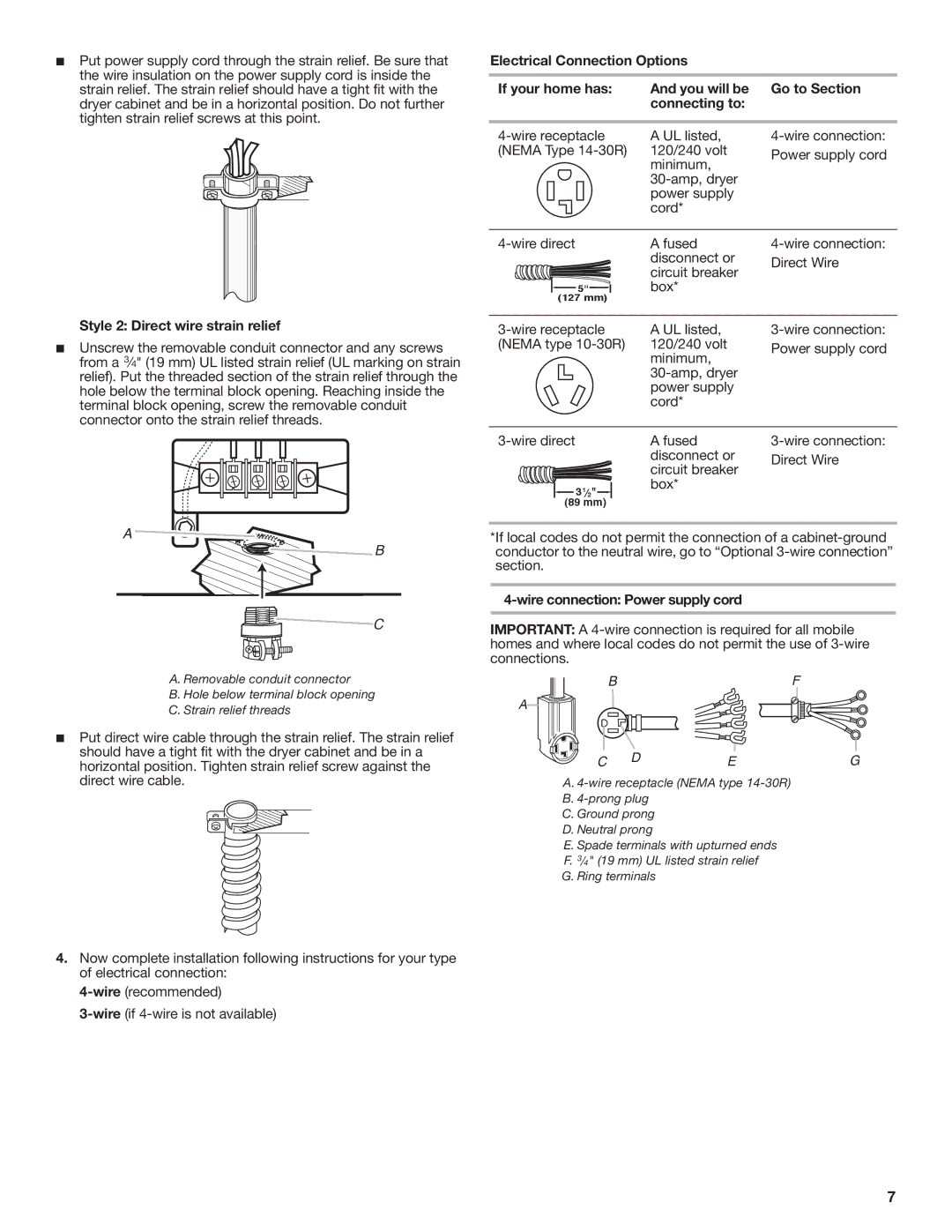 Maytag W10222378A installation instructions Style 2 Direct wire strain relief, Wire connection Power supply cord 