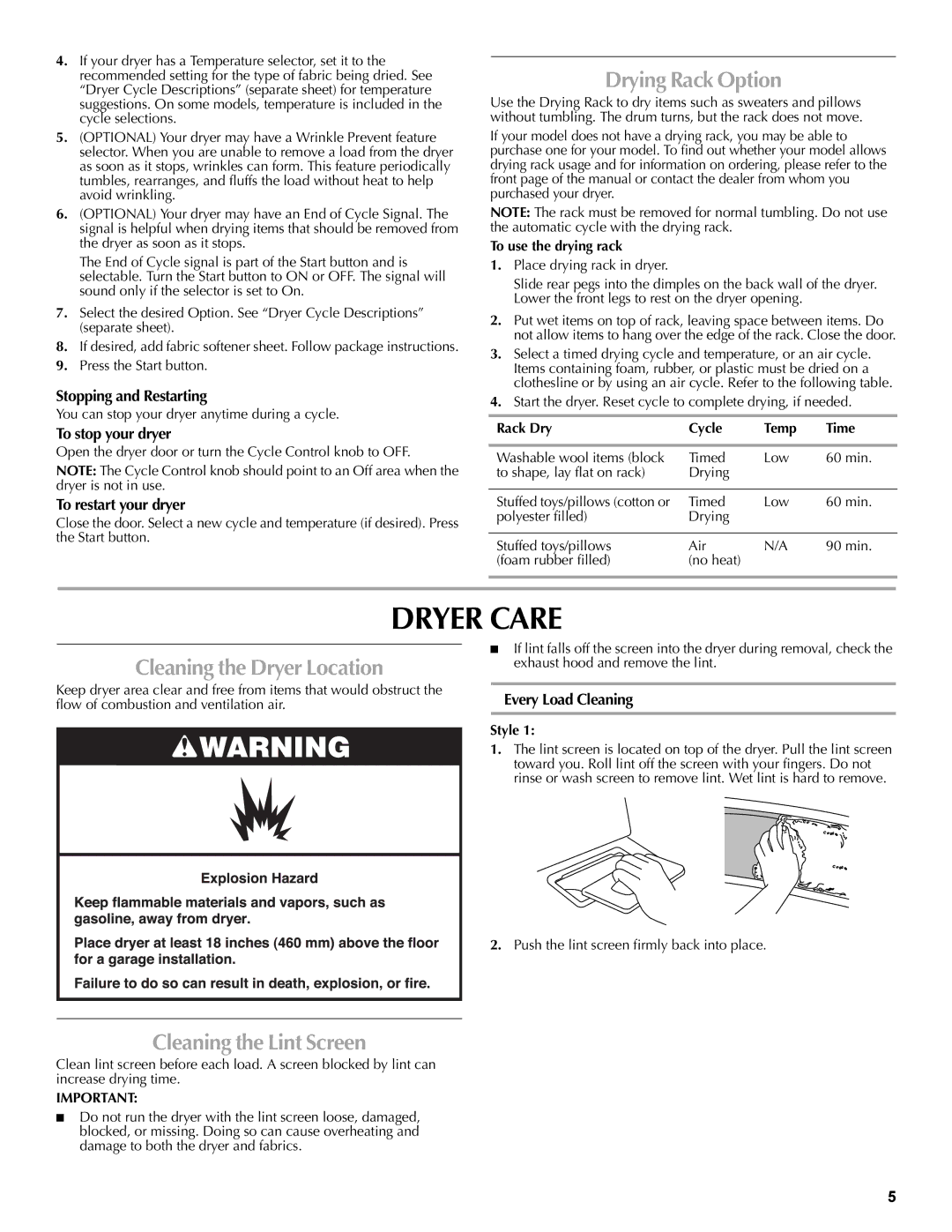 Maytag W10232963A warranty Dryer Care, Drying Rack Option, Cleaning the Dryer Location, Cleaning the Lint Screen 