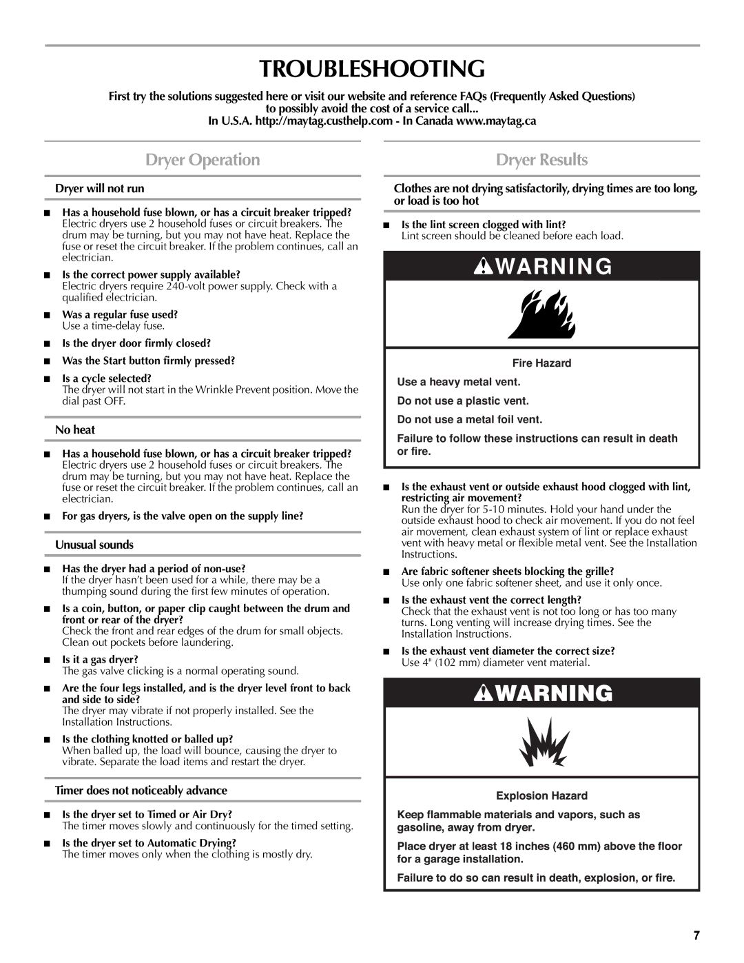 Maytag W10232963A warranty Troubleshooting, Dryer Operation 