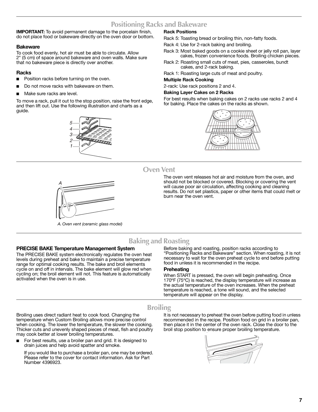 Maytag W10238818A, W10234644A warranty Positioning Racks and Bakeware, Oven Vent, Baking and Roasting, Broiling 