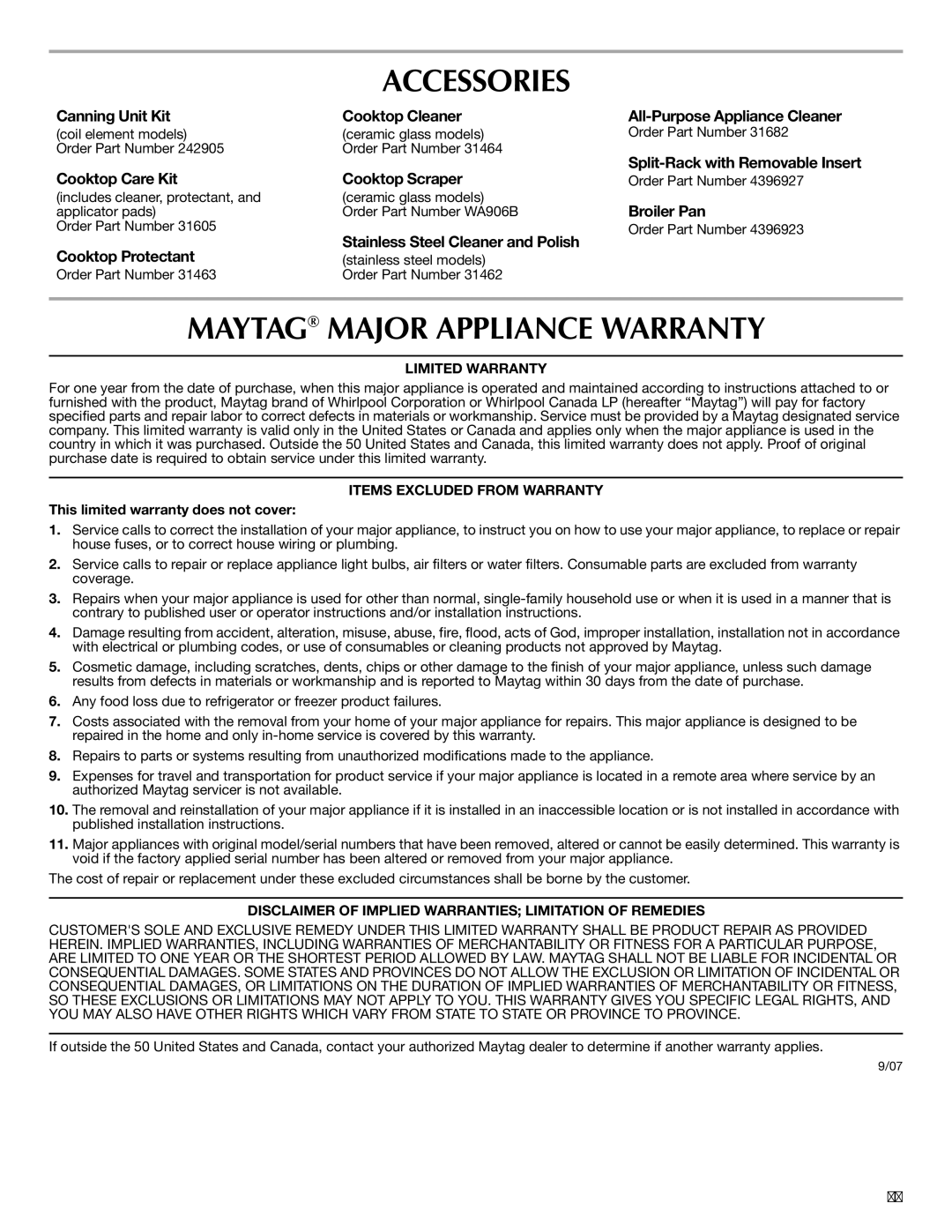 Maytag W10238819A, W10234645A warranty Accessories, Maytag Major Appliance Warranty 