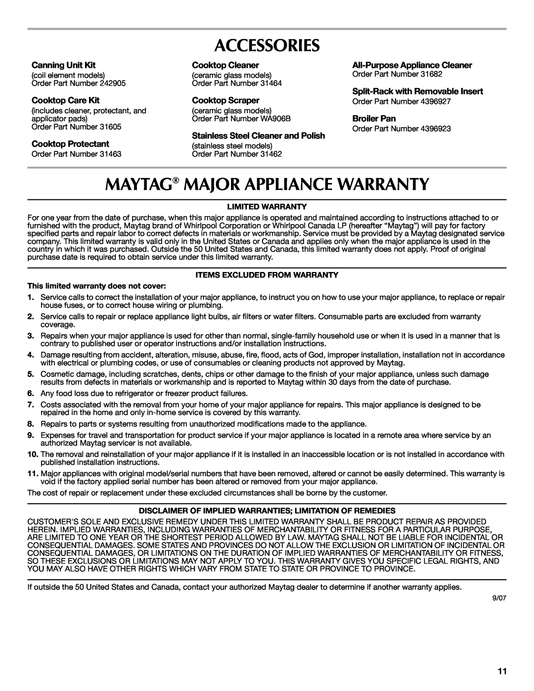Maytag W10238819A Accessories, Maytag Major Appliance Warranty, Canning Unit Kit, Cooktop Cleaner, Cooktop Care Kit 