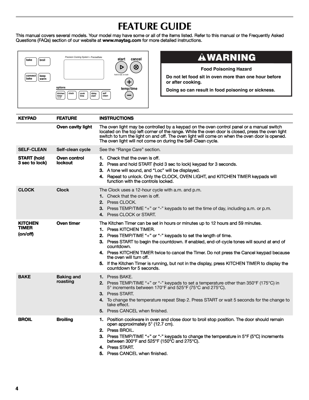Maytag W10234645A, W10238819A Feature Guide, Food Poisoning Hazard, Doing so can result in food poisoning or sickness 