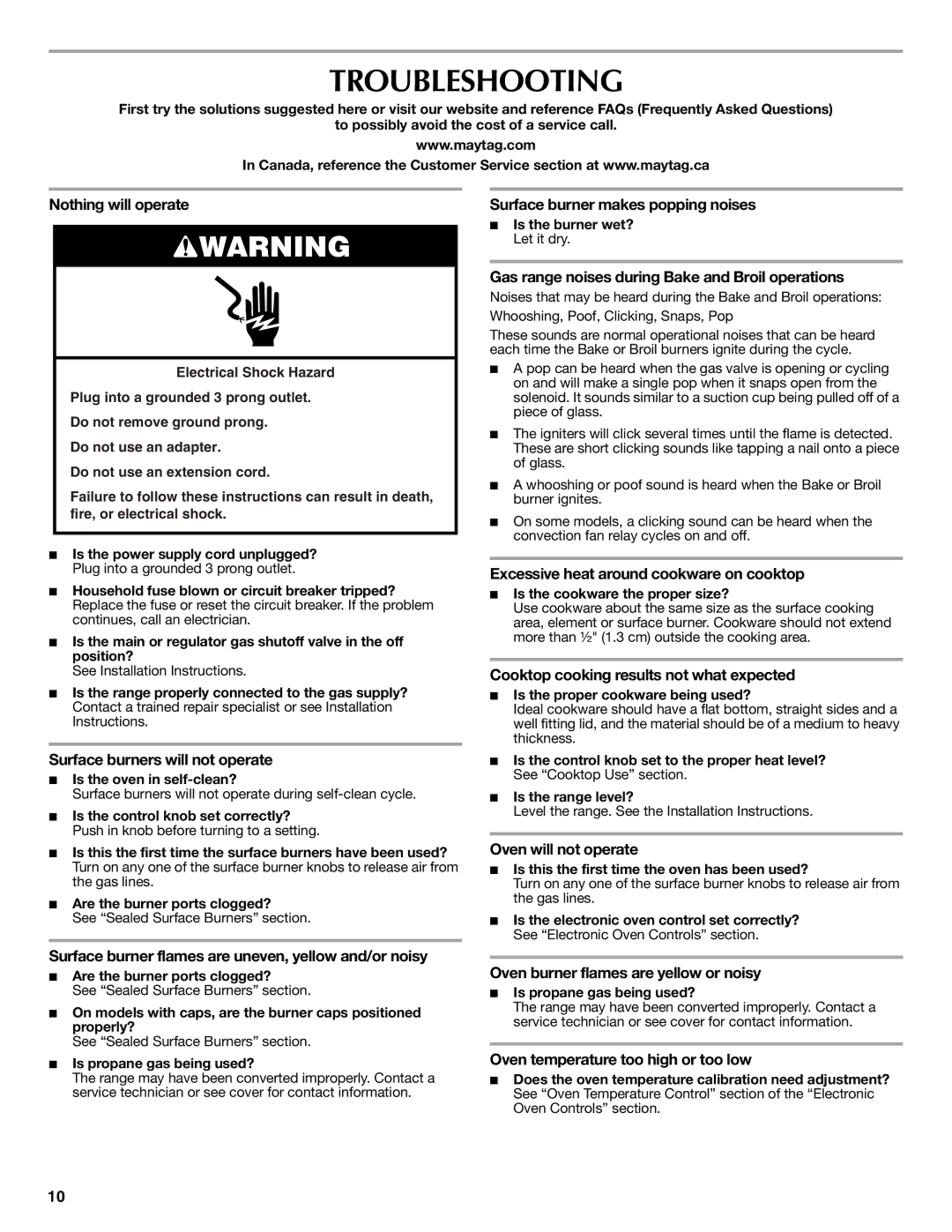 Maytag W10234649A, W10239844A warranty Troubleshooting 