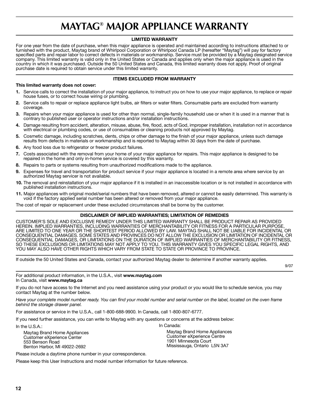 Maytag W10234649A, W10239844A warranty Maytag Major Appliance Warranty, Limited Warranty, Items Excluded from Warranty 