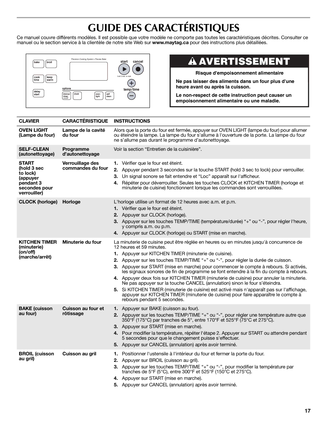 Maytag W10239844A warranty Guide DES Caractéristiques, Clavier Caractéristique Instructions Oven Light, Lampe de la cavité 