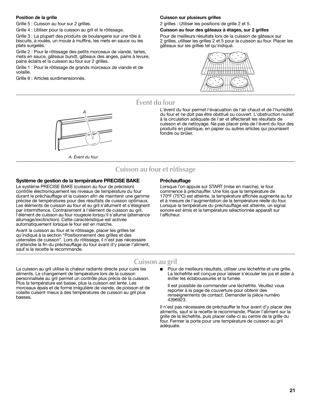 Maytag W10239844A, W10234649A warranty Évent du four, Cuisson au four et rôtissage, Cuisson au gril, Préchauffage 