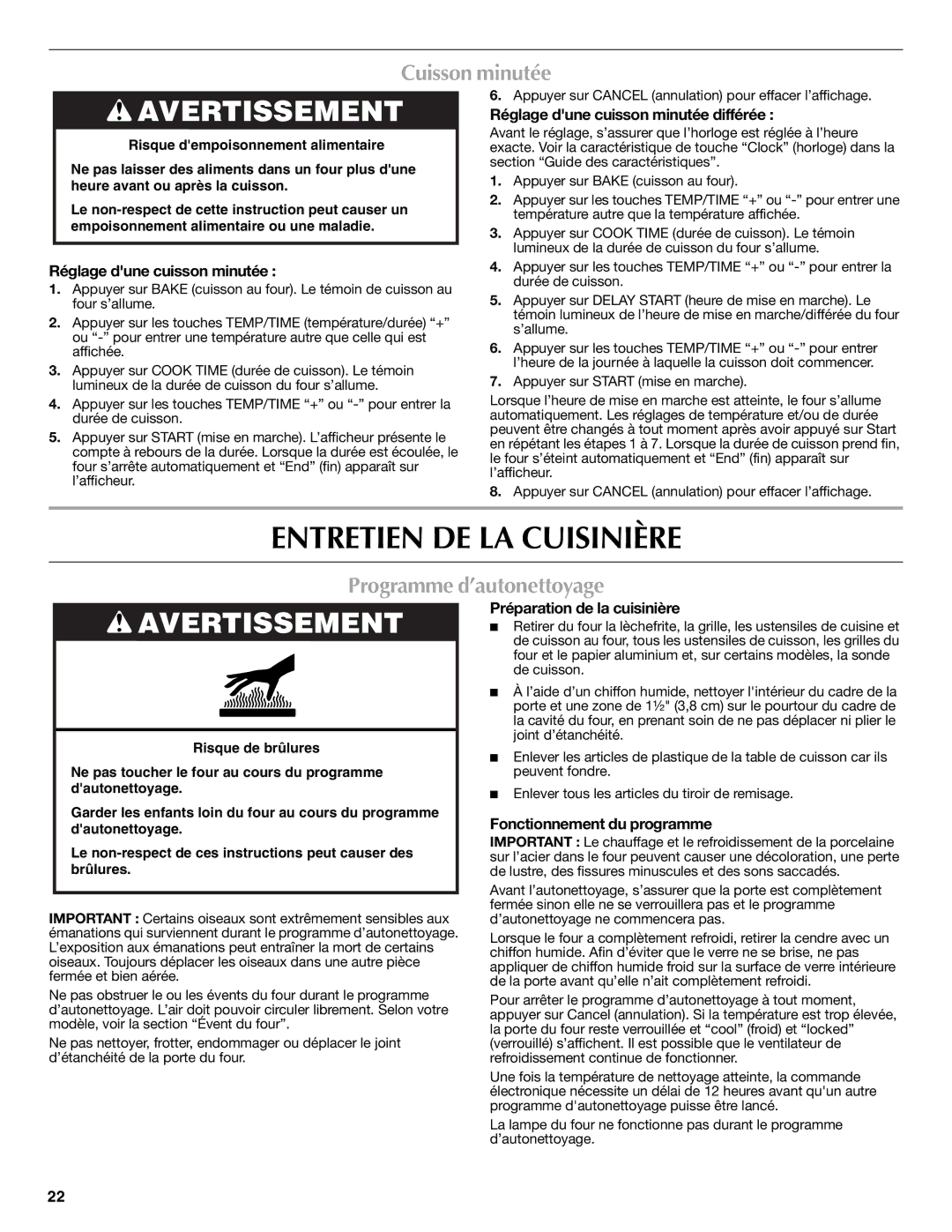 Maytag W10234649A, W10239844A warranty Entretien DE LA Cuisinière, Cuisson minutée, Programme d’autonettoyage 