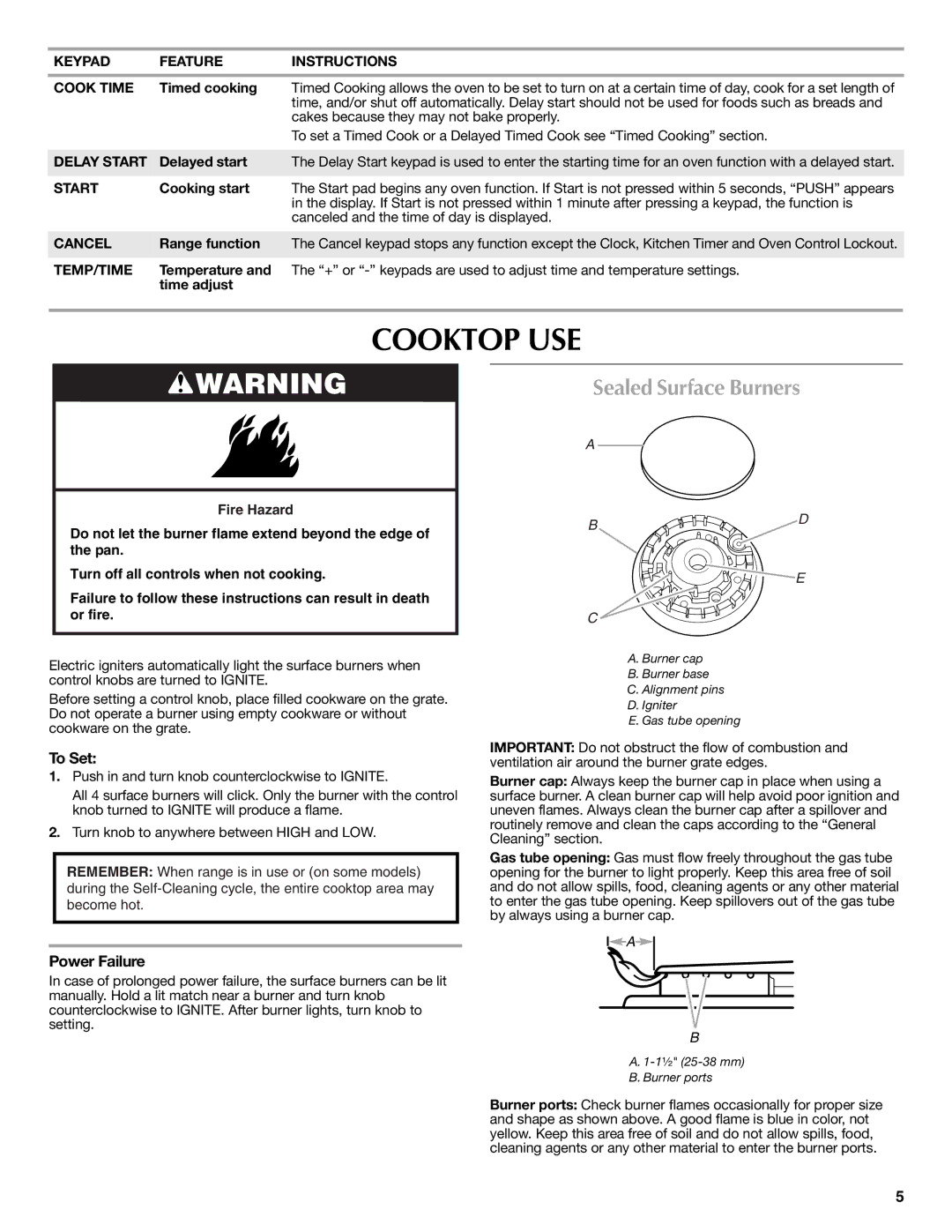 Maytag W10239844A, W10234649A warranty Cooktop USE, Sealed Surface Burners, To Set, Power Failure 