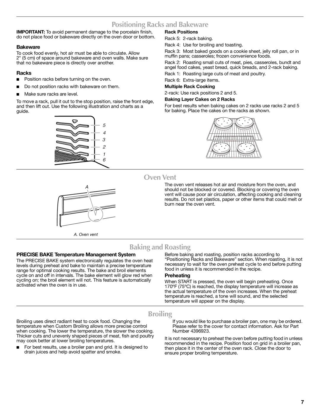 Maytag W10239844A, W10234649A warranty Positioning Racks and Bakeware, Oven Vent, Baking and Roasting, Broiling 