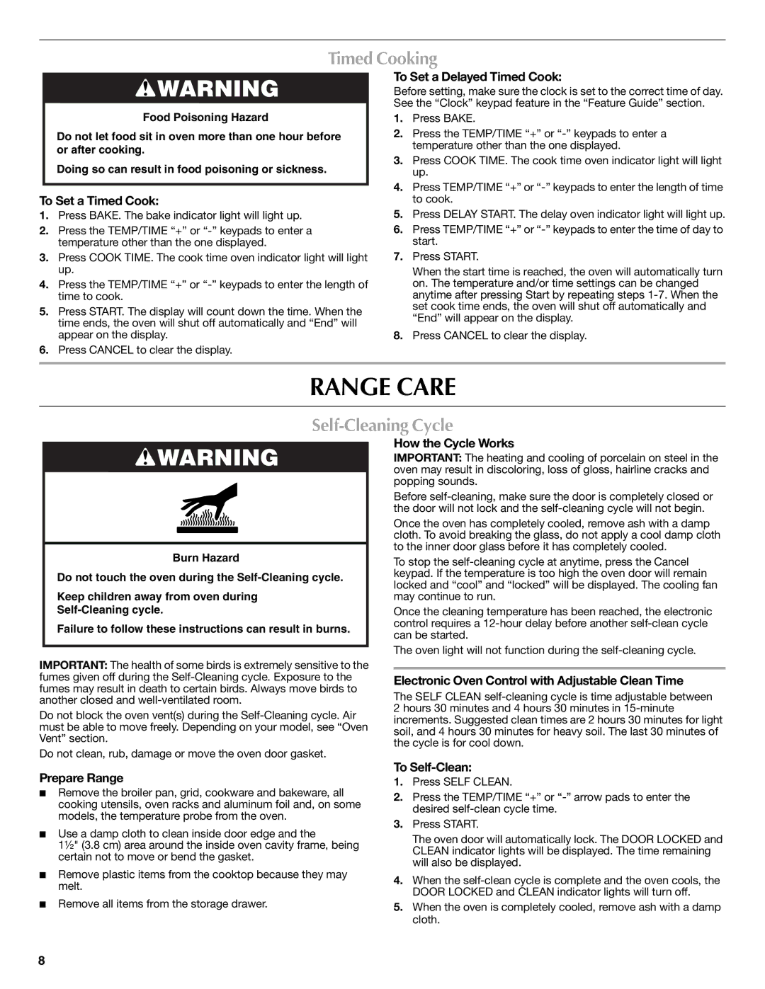 Maytag W10234649A, W10239844A warranty Range Care, Timed Cooking, Self-Cleaning Cycle 