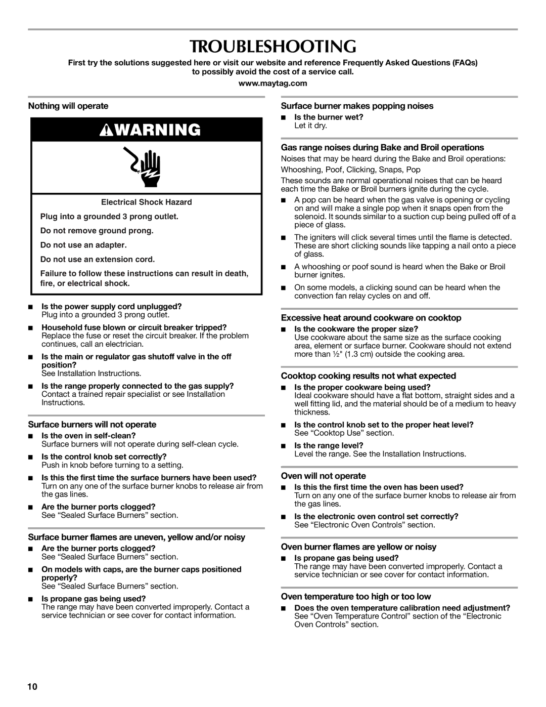 Maytag W10234650A warranty Troubleshooting 