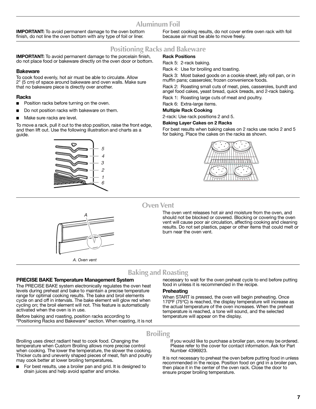 Maytag W10234650A warranty Aluminum Foil, Positioning Racks and Bakeware, Oven Vent, Baking and Roasting, Broiling 