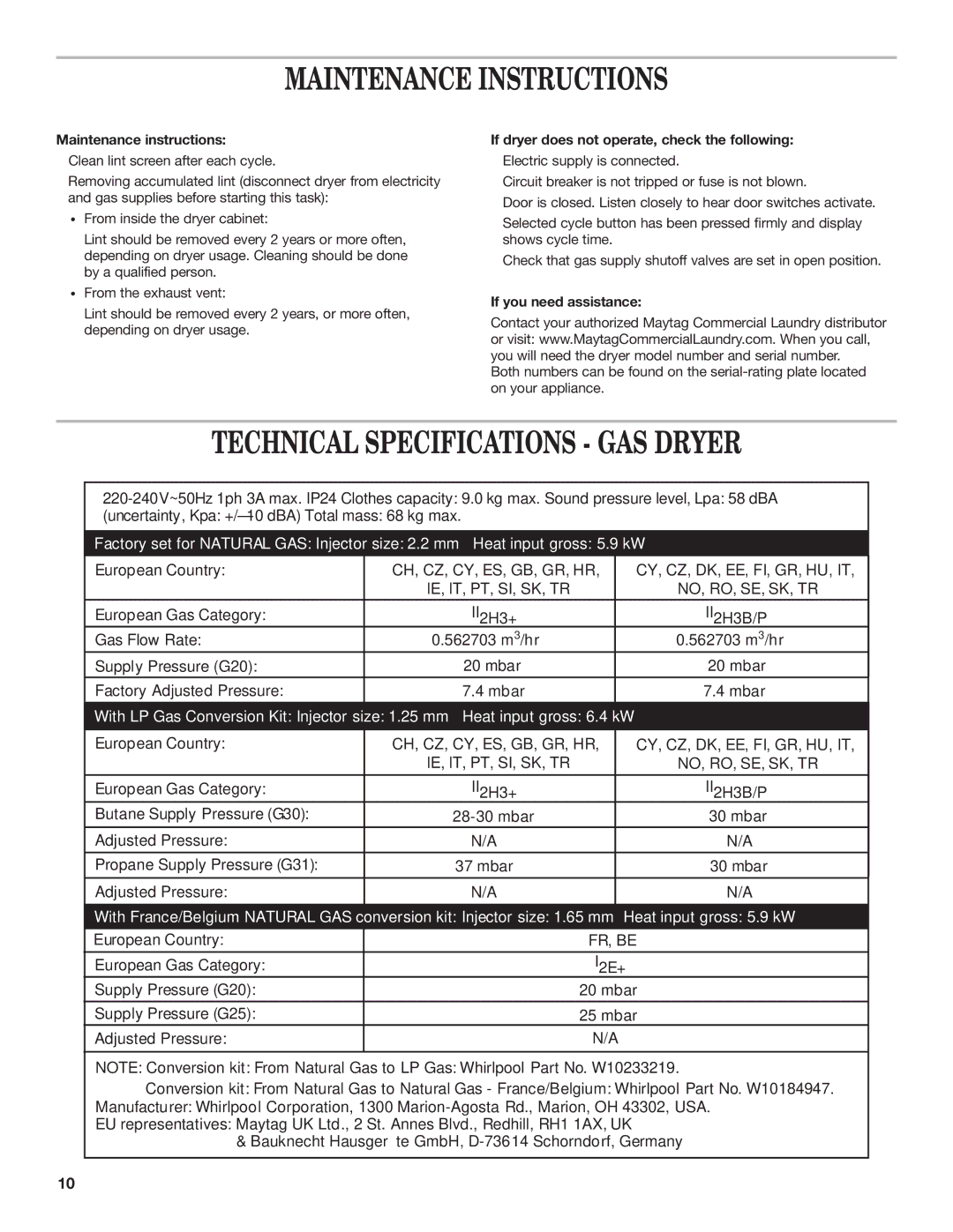 Maytag W10239207B Maintenance Instructions, Technical Specifications GAS Dryer, Maintenance instructions 