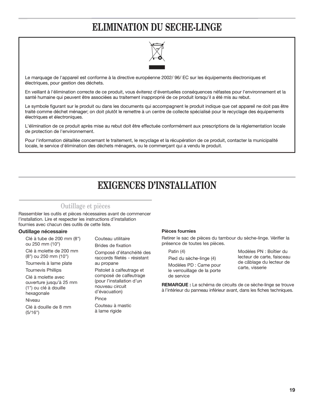 Maytag W10239207B Elimination DU SECHE-LINGE Exigences D’INSTALLATION, Outillage et pièces, Outillage nécessaire 