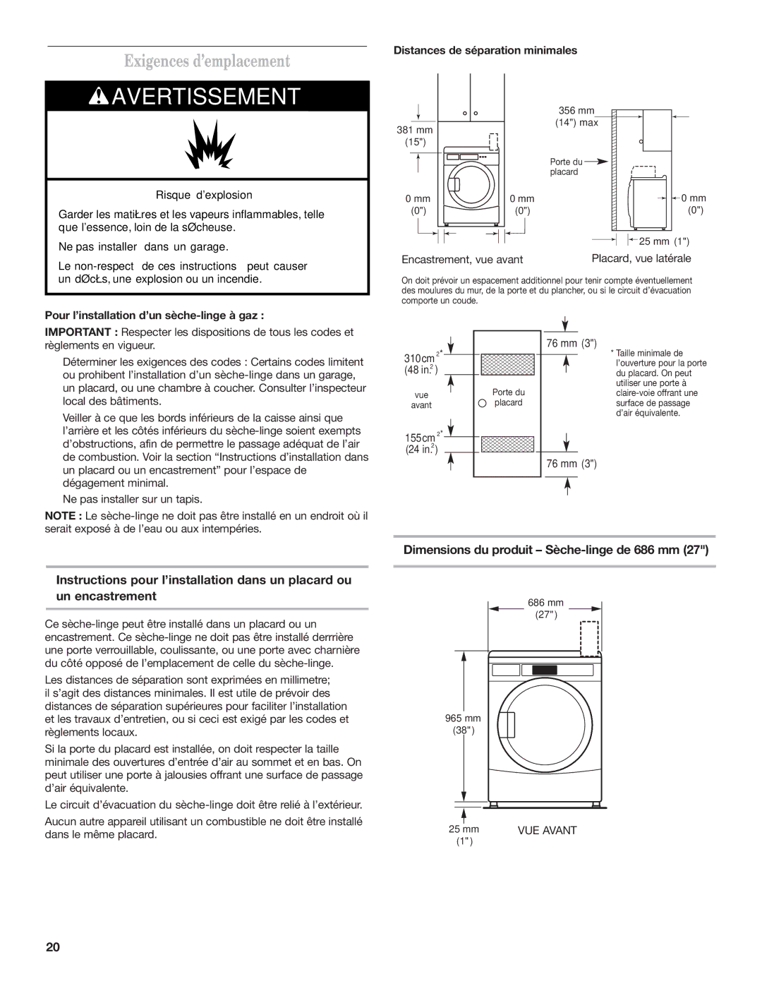 Maytag W10239207B installation instructions Exigences d’emplacement, Dimensions du produit Sèche-linge de 686 mm, 76 mm 