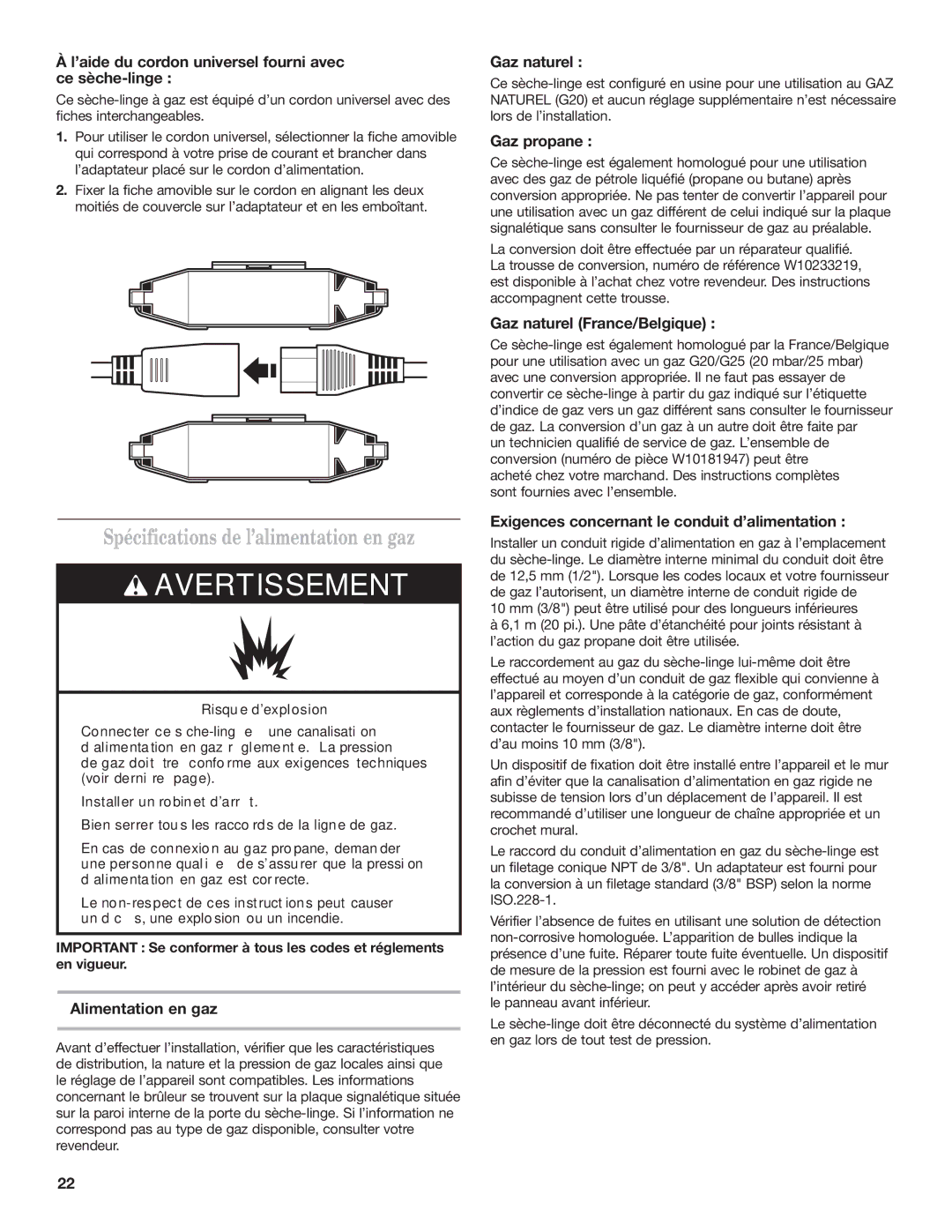 Maytag W10239207B installation instructions Spécifications de l’alimentation en gaz 