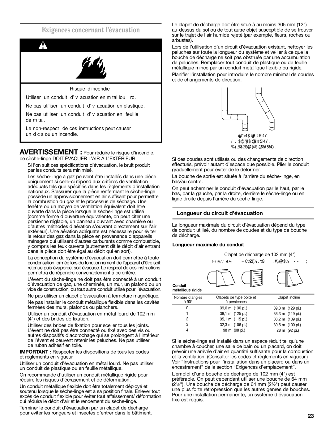 Maytag W10239207B Exigences concernant l’évacuation, Longueur du circuit d’évacuation, Longueur maximale du conduit 