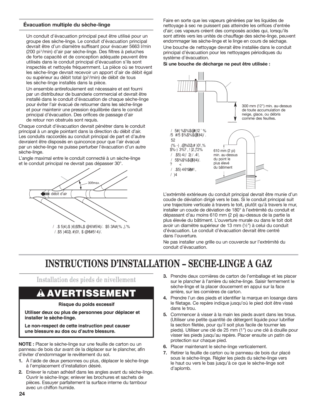 Maytag W10239207B installation instructions Installation des pieds de nivellement, Évacuation multiple du sèche-linge 