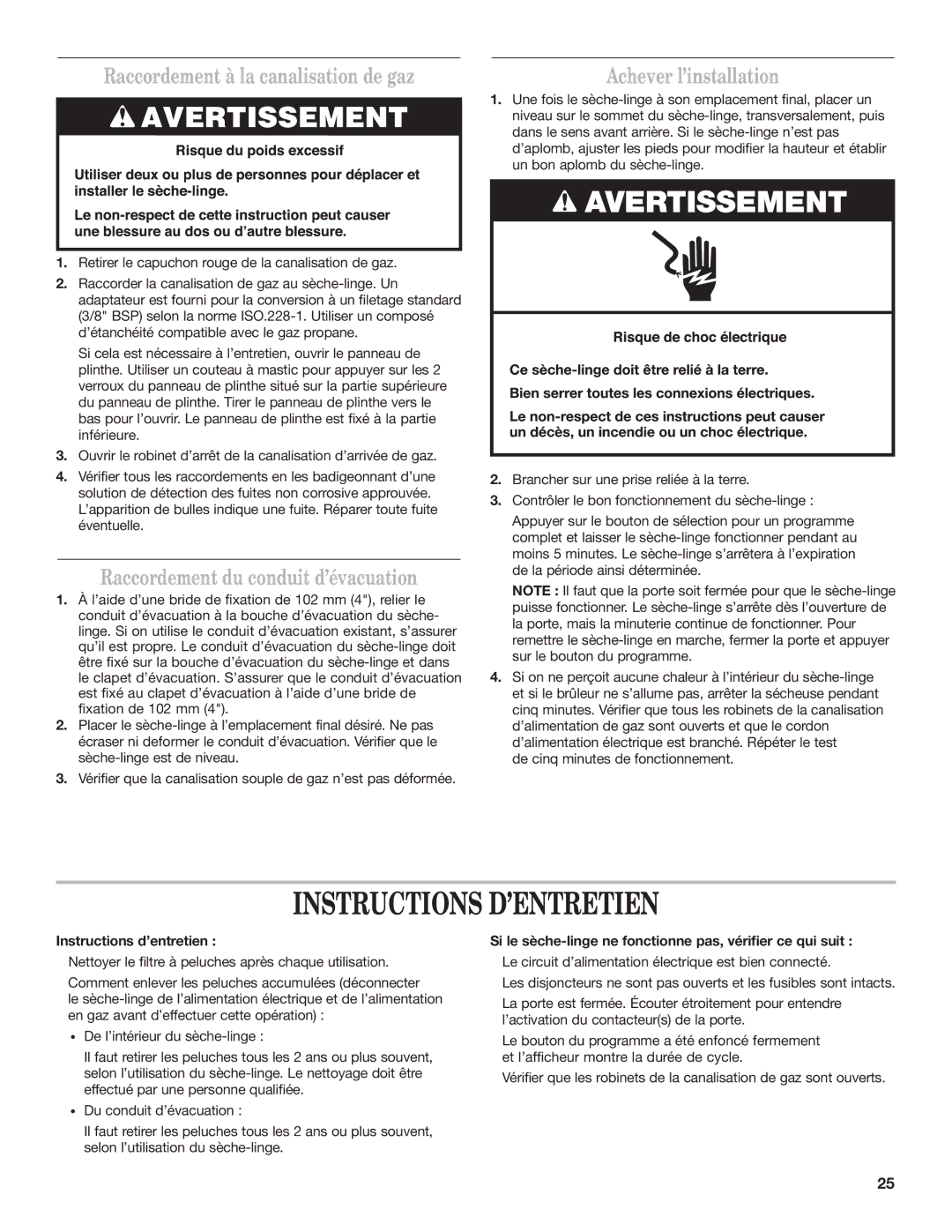 Maytag W10239207B Instructions D’ENTRETIEN, Raccordement à la canalisation de gaz, Raccordement du conduit d’évacuation 