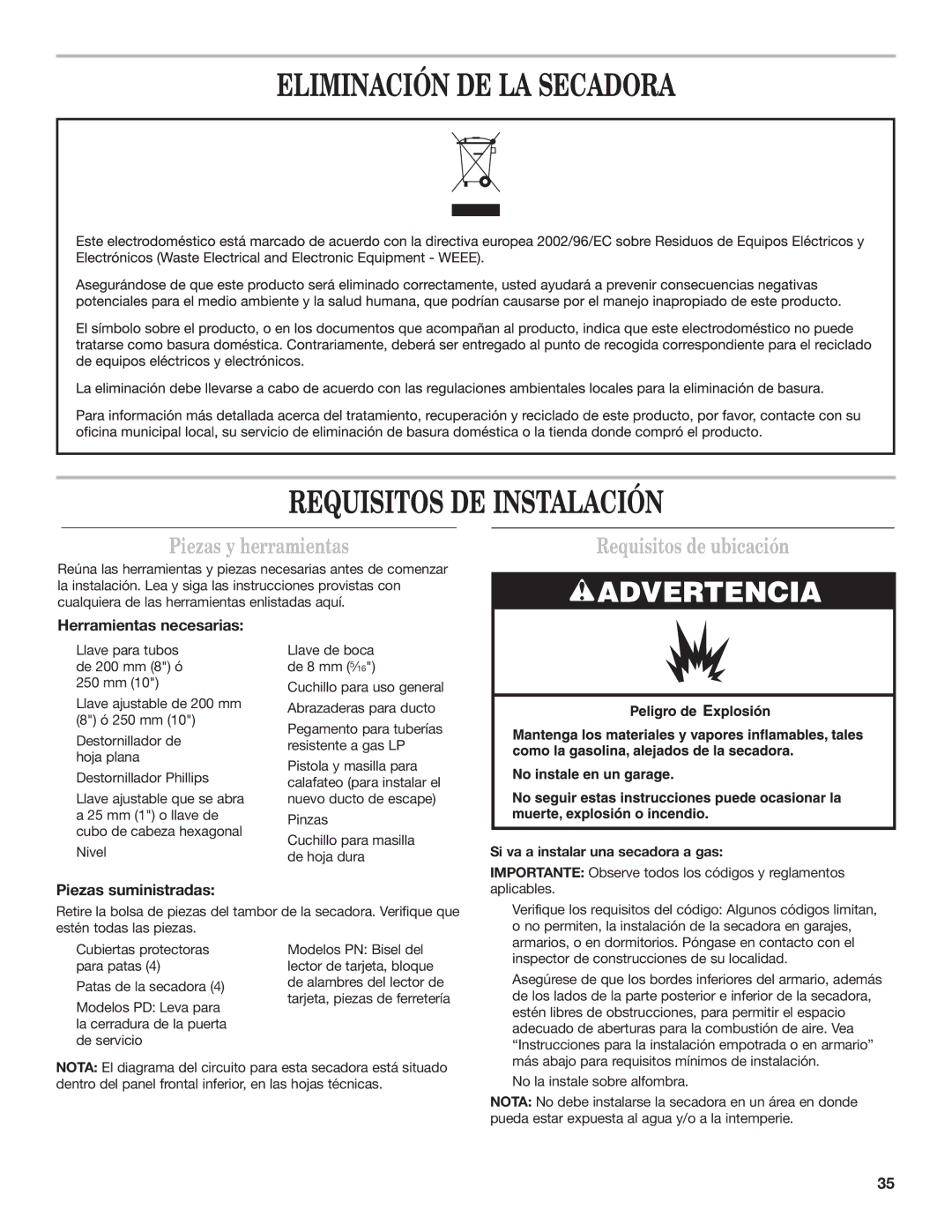 Maytag W10239207B Eliminación DE LA Secadora Requisitos DE Instalación, Herramientas necesarias, Piezas suministradas 