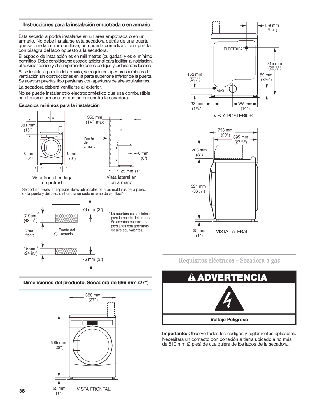 Maytag W10239207B Requisitos eléctricos Secadora a gas, Instruccionesparala instalación empotrada o en armario 