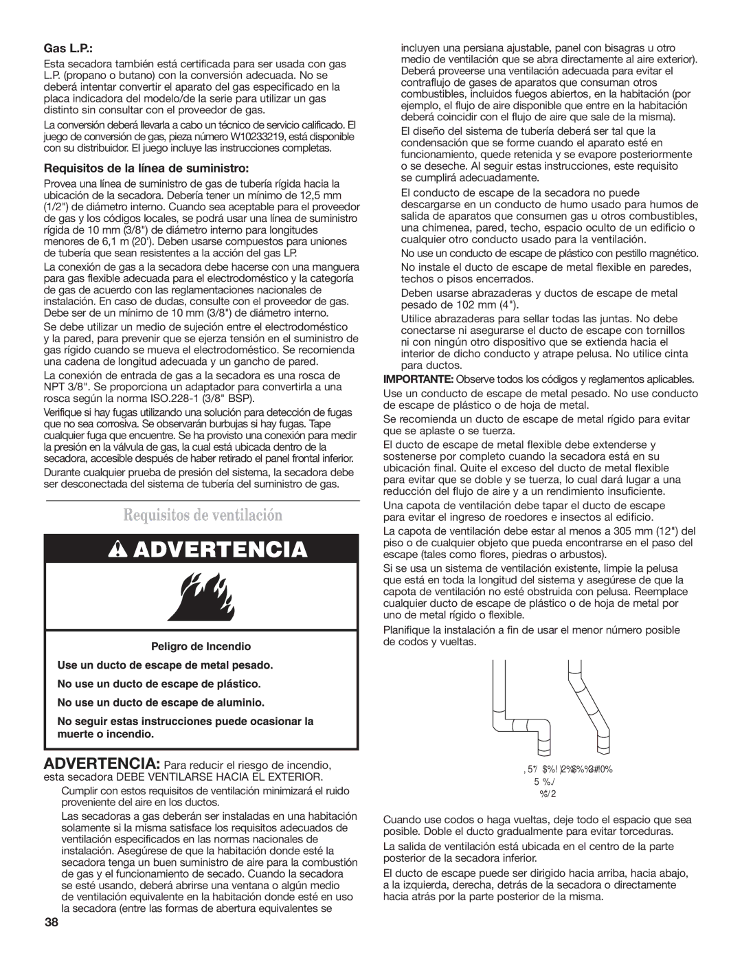 Maytag W10239207B installation instructions Requisitos de ventilación, Gas L.P, Requisitos de la línea de suministro 