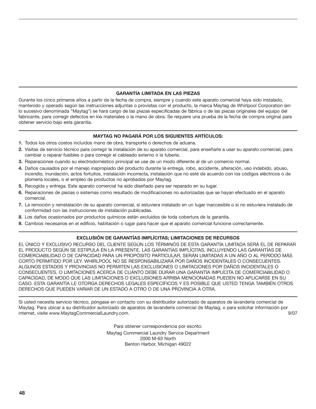 Maytag W10239207B installation instructions Garantía Limitada EN LAS Piezas, Maytag no Pagará POR LOS Siguientes Artículos 