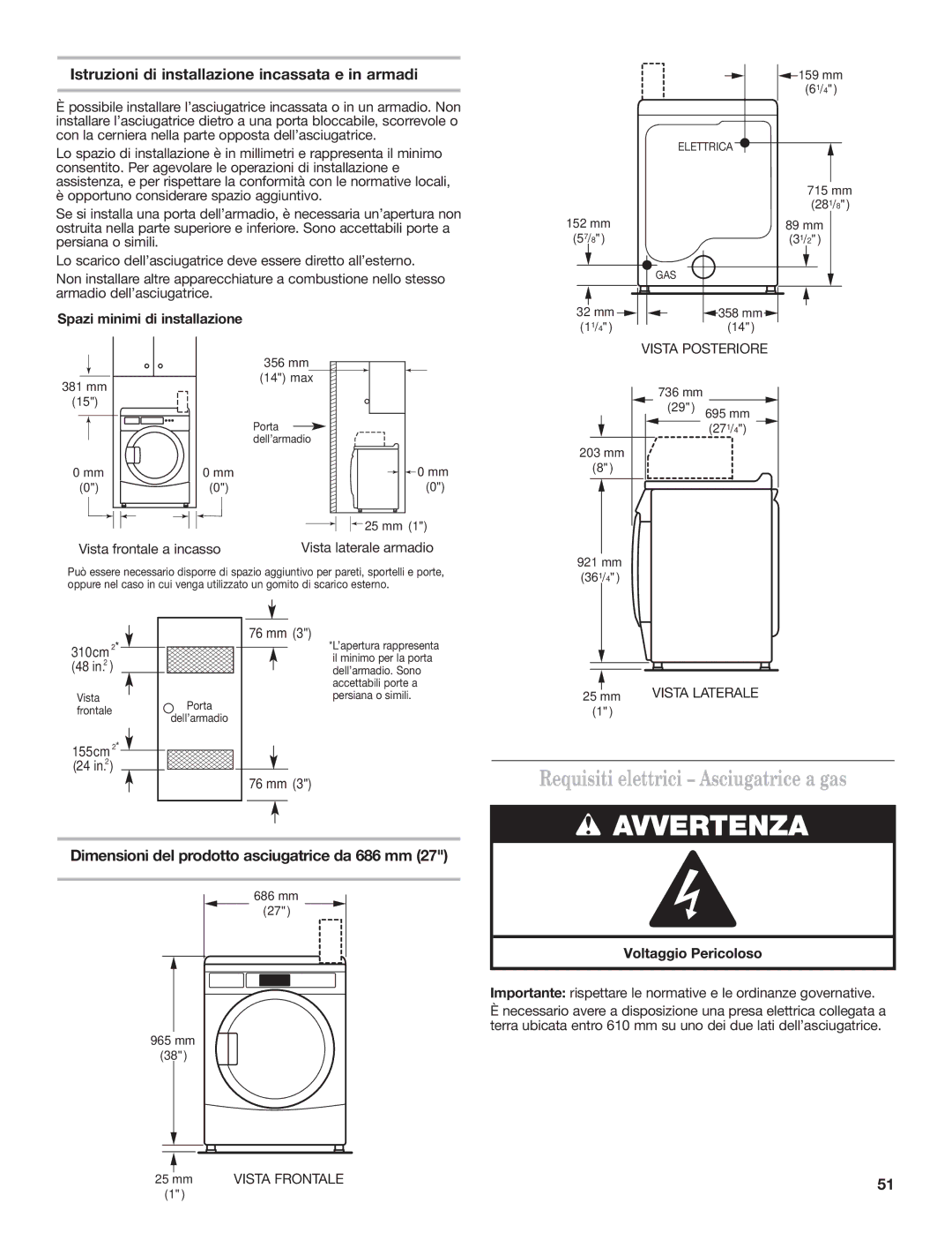 Maytag W10239207B Requisiti elettrici Asciugatrice a gas, Istruzioni di installazione incassata e in armadi 