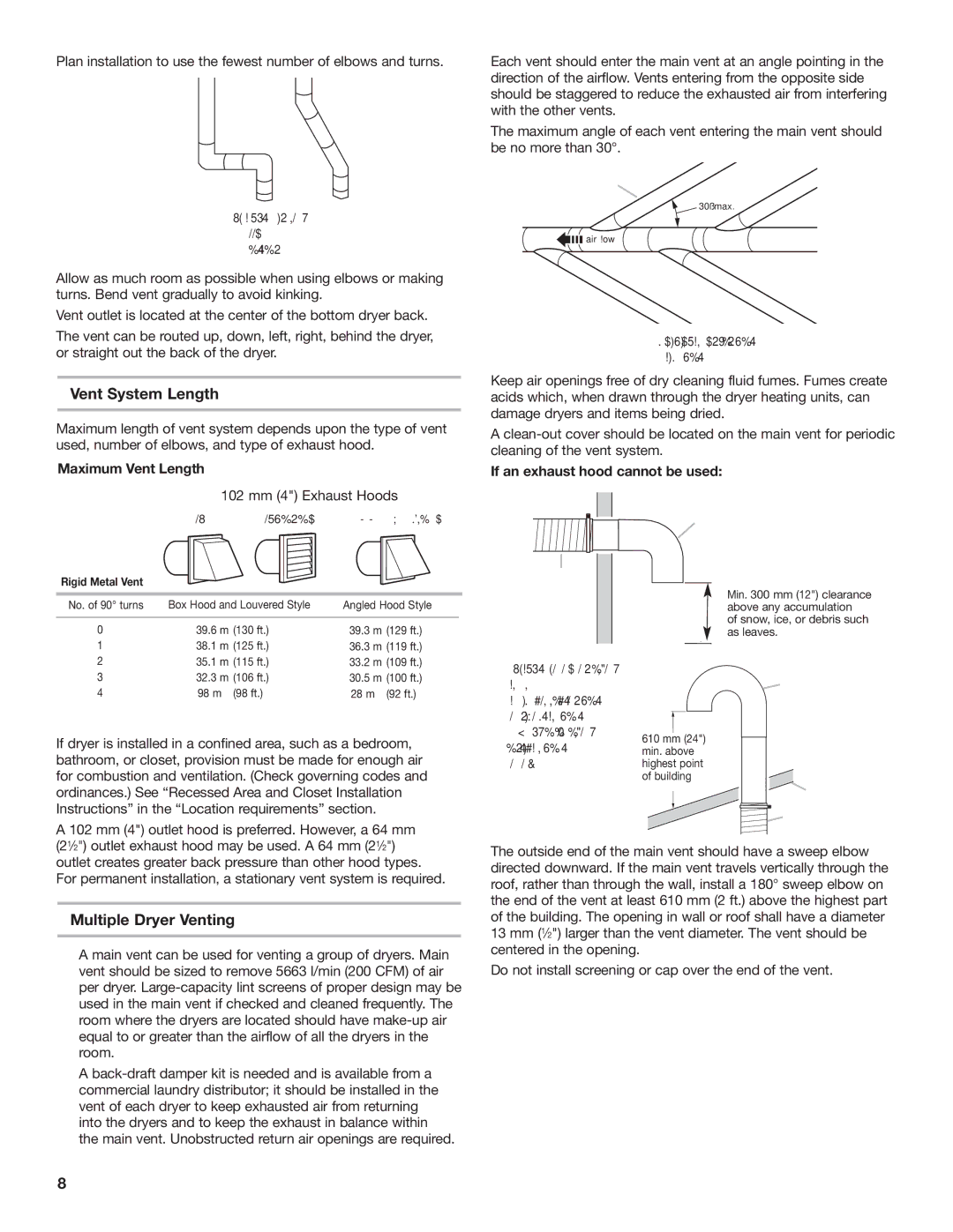 Maytag W10239207B Vent System Length, Multiple Dryer Venting, Maximum Vent Length, If an exhaust hood cannot be used 