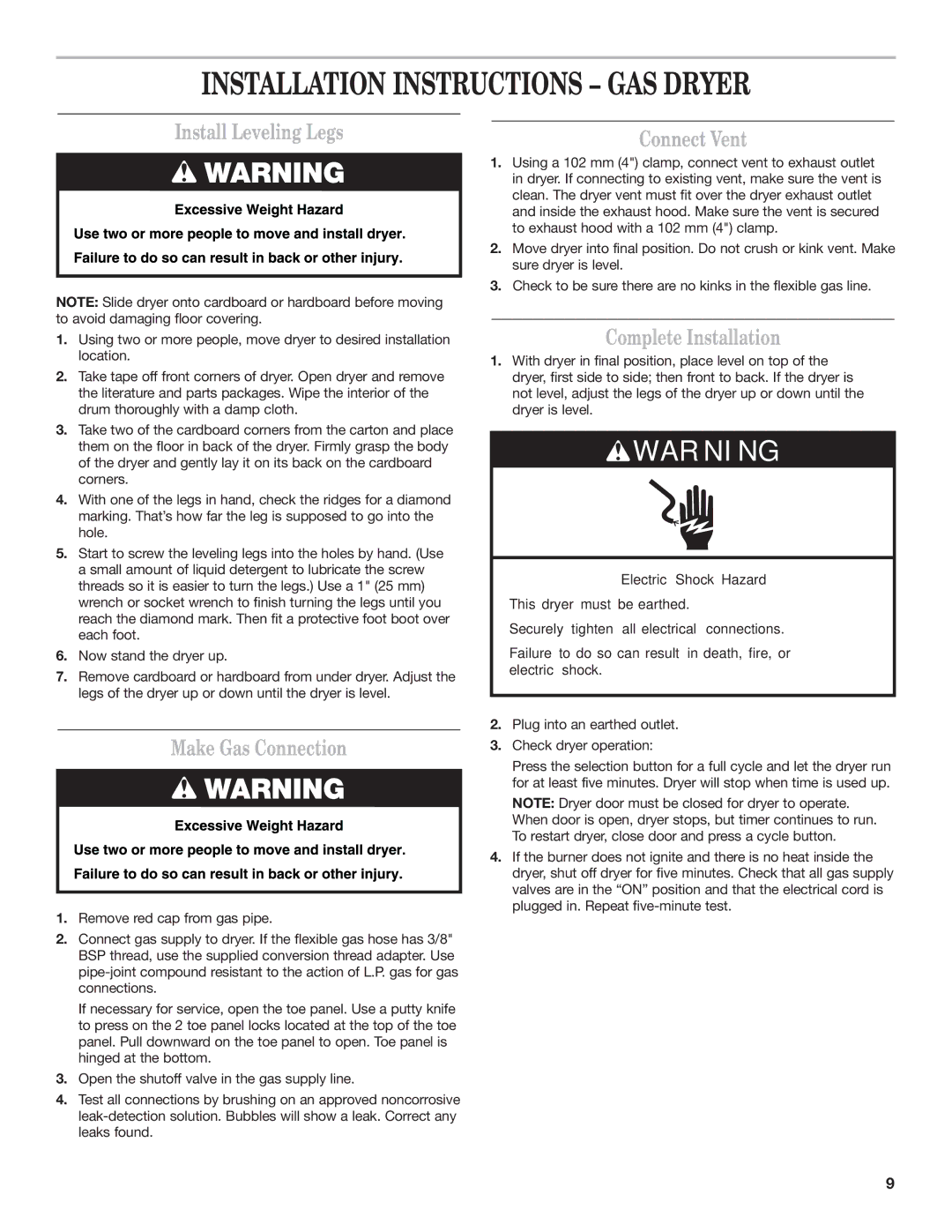 Maytag W10239207B Installation Instructions GAS Dryer, Install Leveling Legs, Make Gas Connection, Complete Installation 