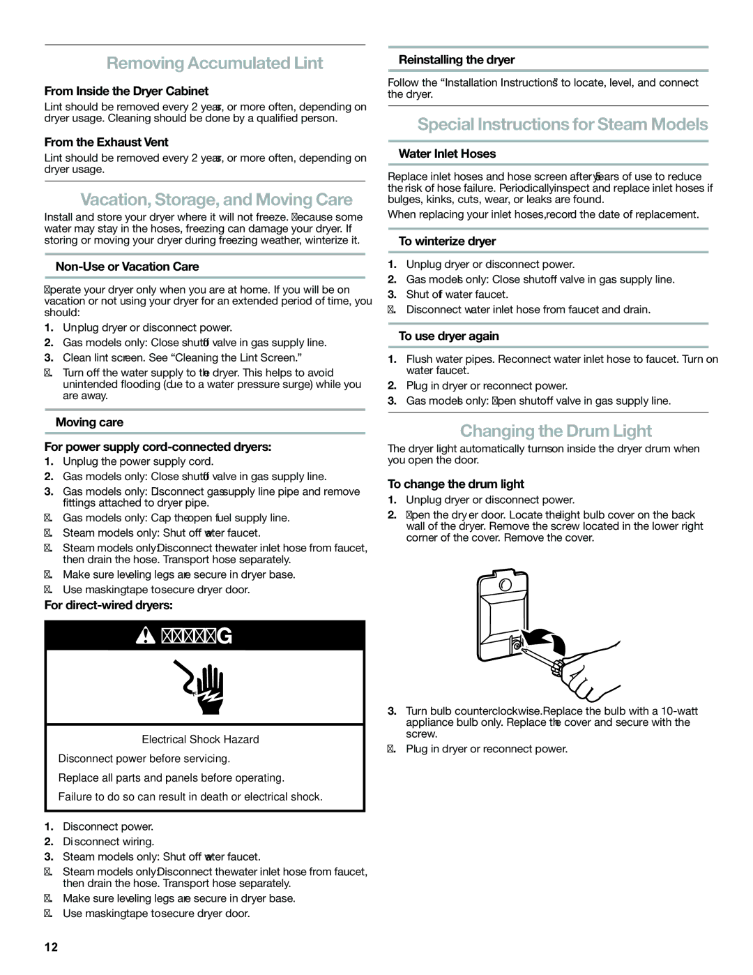 Maytag W10239302A Removing Accumulated Lint, Vacation, Storage, and Moving Care, Special Instructions for Steam Models 