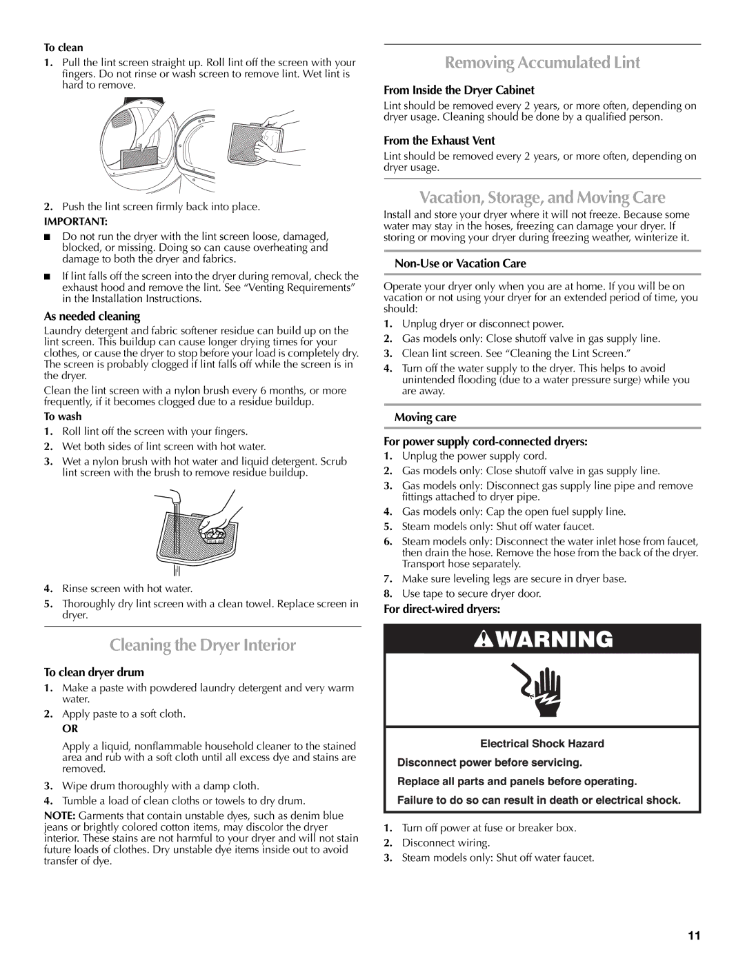 Maytag W10239302B quick start Cleaning the Dryer Interior, Removing Accumulated Lint, Vacation, Storage, and Moving Care 