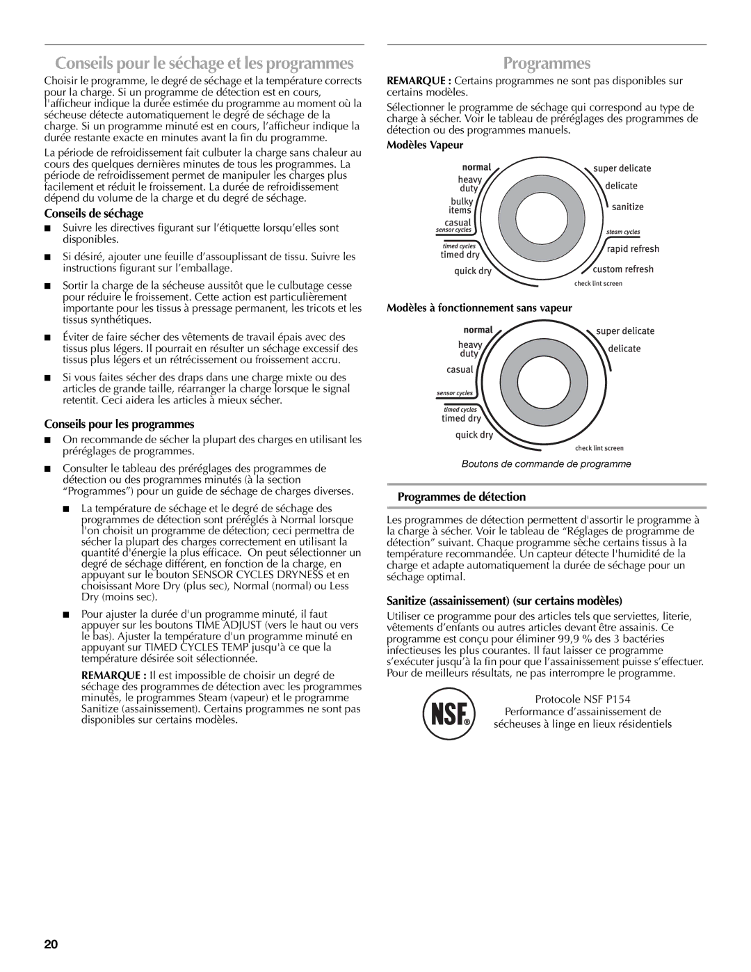 Maytag W10239302B quick start Conseils de séchage, Conseils pour les programmes, Programmes de détection 