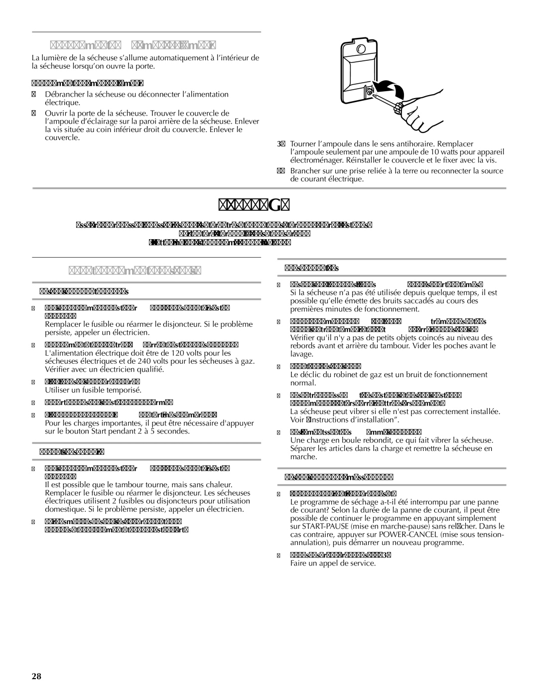 Maytag W10239302B quick start Dépannage, Changement de l’ampoule du tambour, Fonctionnement de la sécheuse 