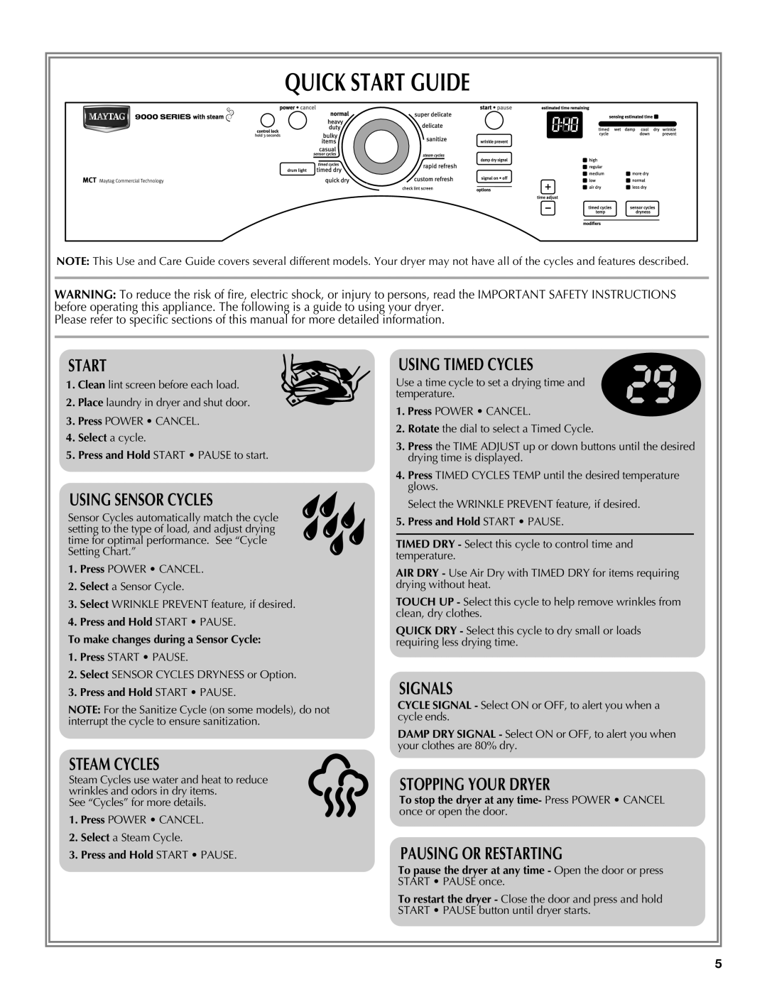 Maytag W10239302B quick start Quick Start Guide, Press and Hold Start Pause 