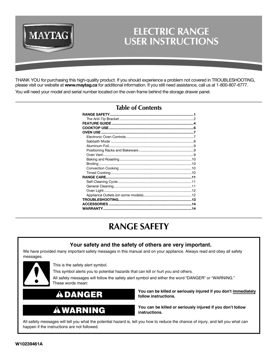 Maytag W10239461A warranty Electric Range User Instructions, Range Safety 