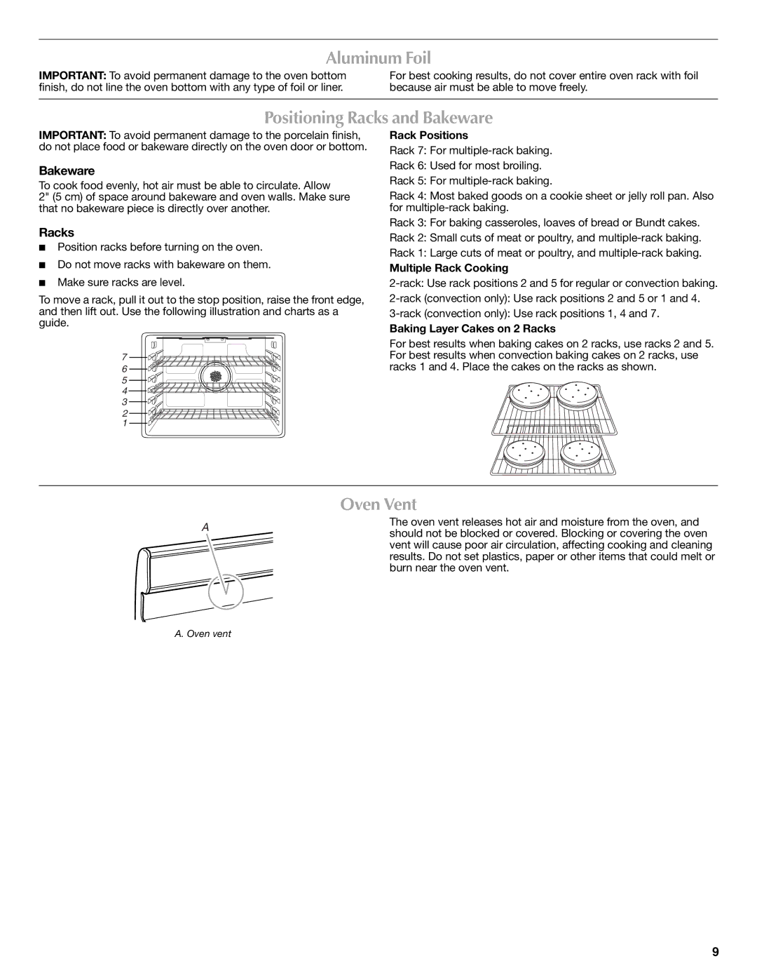 Maytag W10239461A warranty Aluminum Foil, Positioning Racks and Bakeware, Oven Vent 