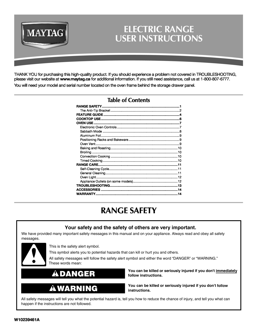 Maytag W10239461A warranty Electric Range User Instructions, Range Safety, Danger, Table of Contents 