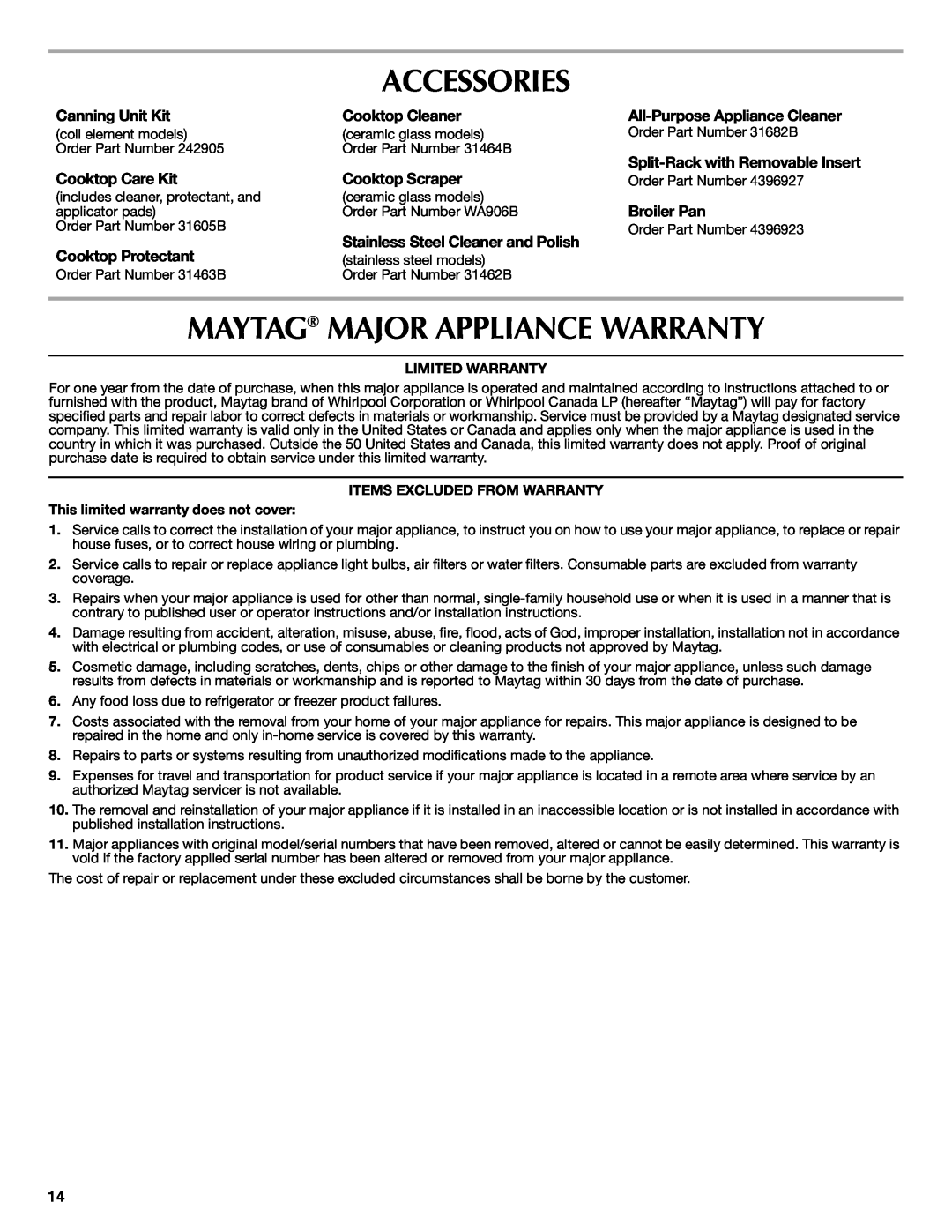 Maytag W10239461A Accessories, Maytag Major Appliance Warranty, Canning Unit Kit, Cooktop Cleaner, Cooktop Care Kit 