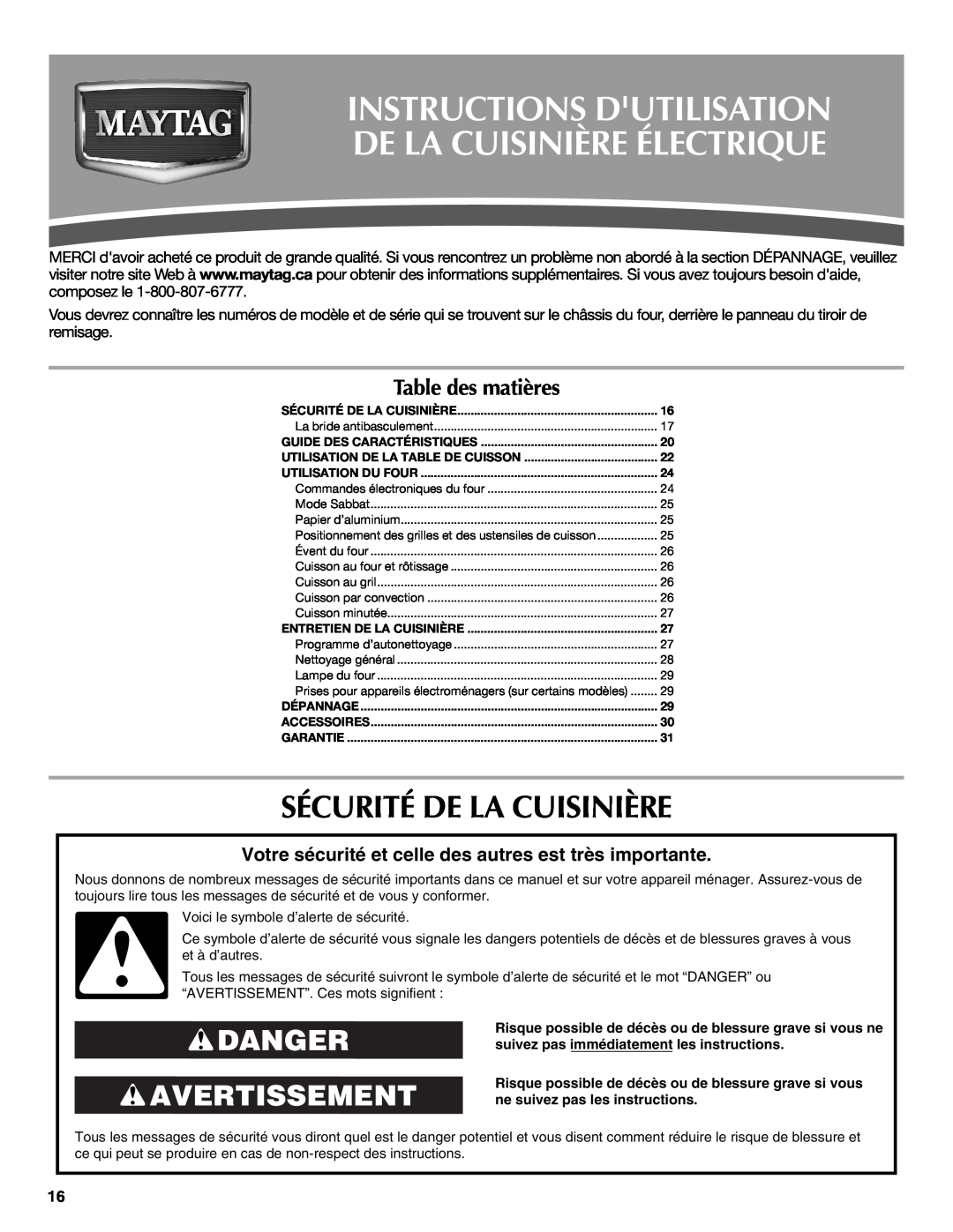Maytag W10239461A Instructions Dutilisation De La Cuisinière Électrique, Sécurité De La Cuisinière, Danger Avertissement 