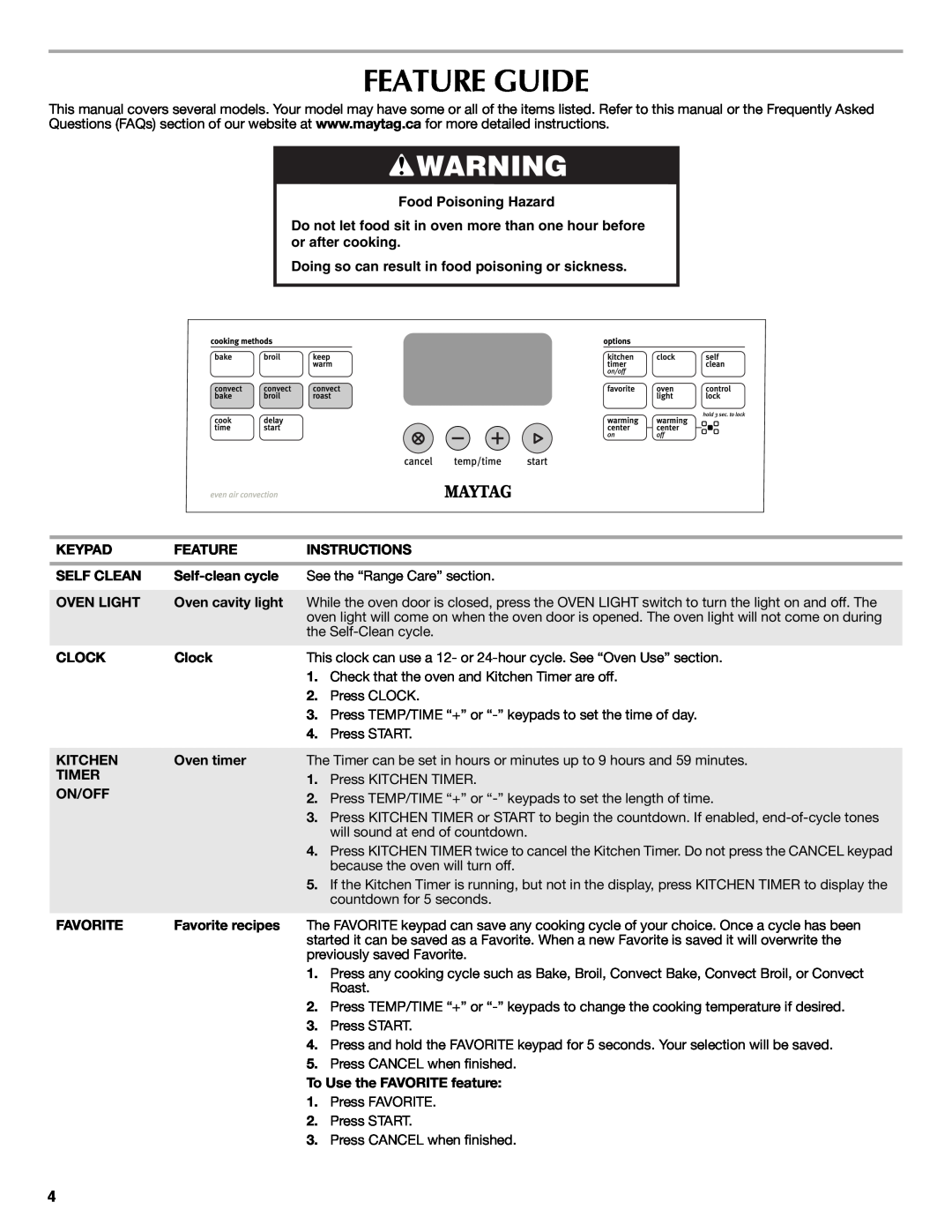 Maytag W10239461A warranty Feature Guide, Food Poisoning Hazard, Doing so can result in food poisoning or sickness 